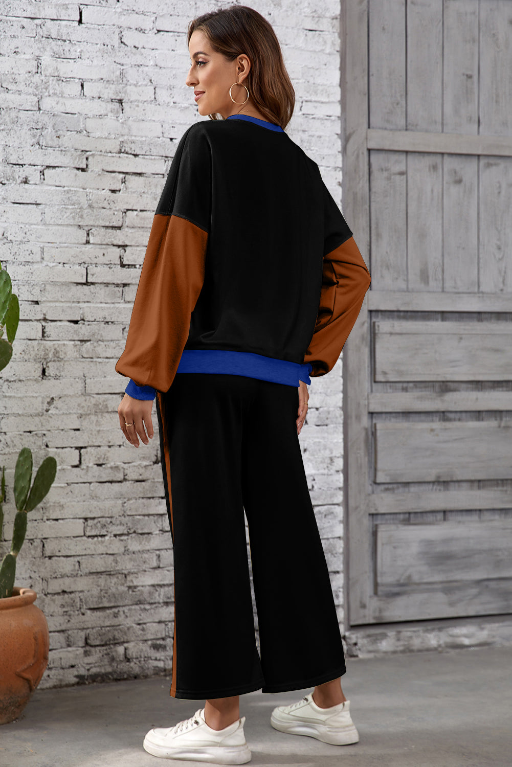 Rose Red 2pcs Color Block Pullover Loose Pant Set