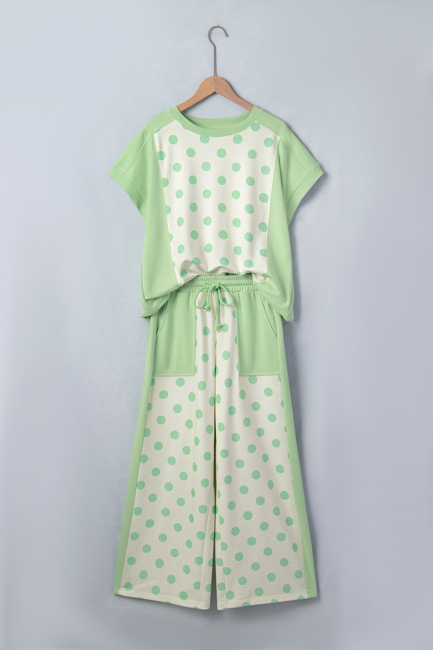 Color Block Patchwork Polka Dot Wide Leg Pant Set