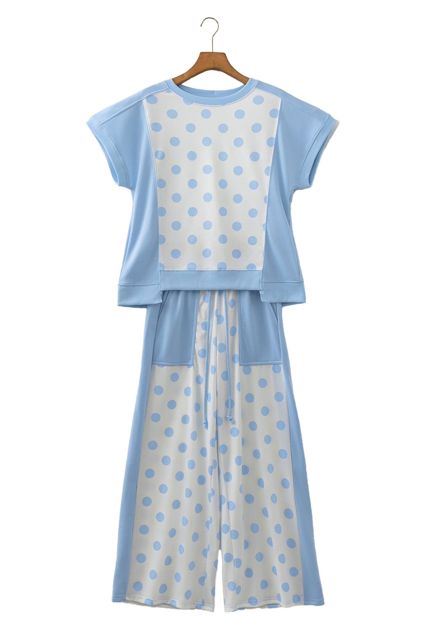 Color Block Patchwork Polka Dot Wide Leg Pant Set