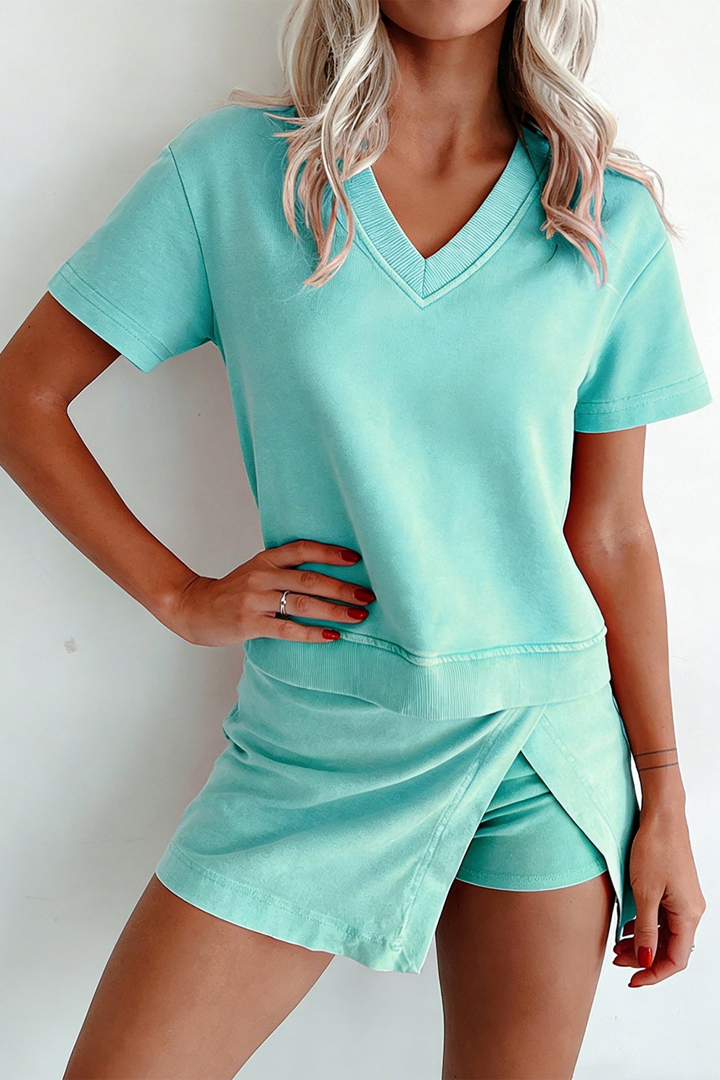 Mineral Wash V Neck Tee Matching Skort Set