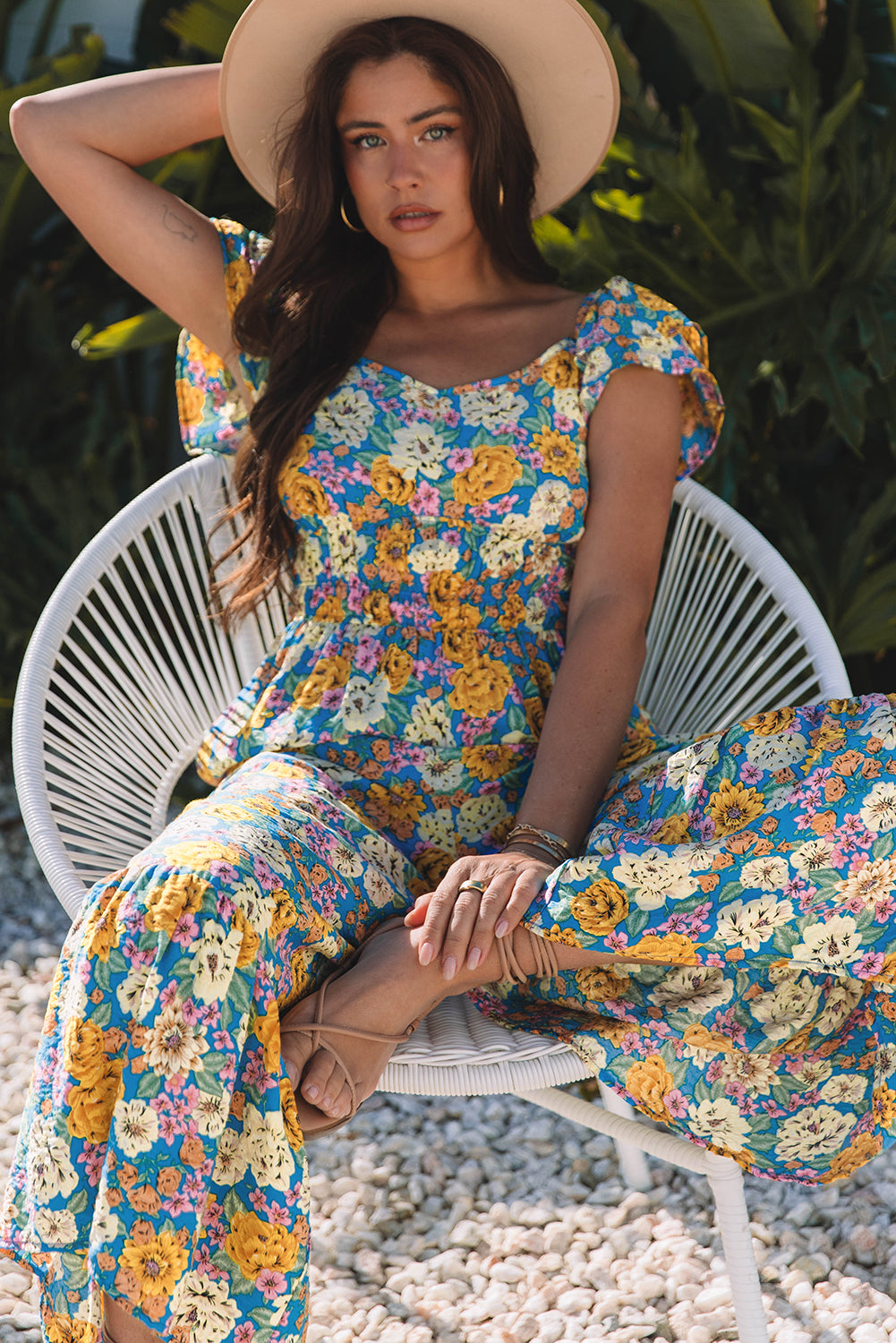 Floral Print Shirred High Waist Jumpsuit