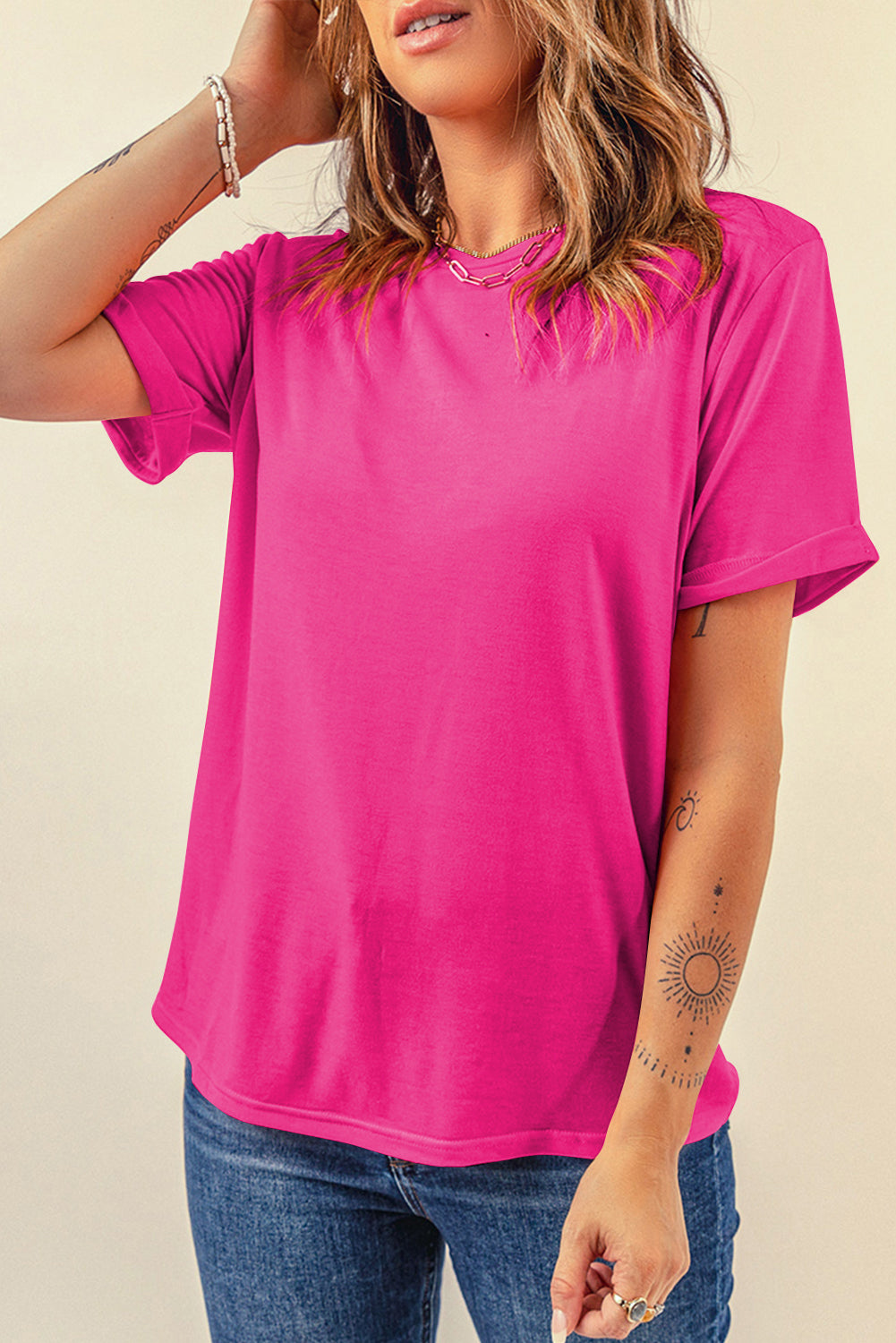 Dearlove Red Casual Plain Crew Neck Tee