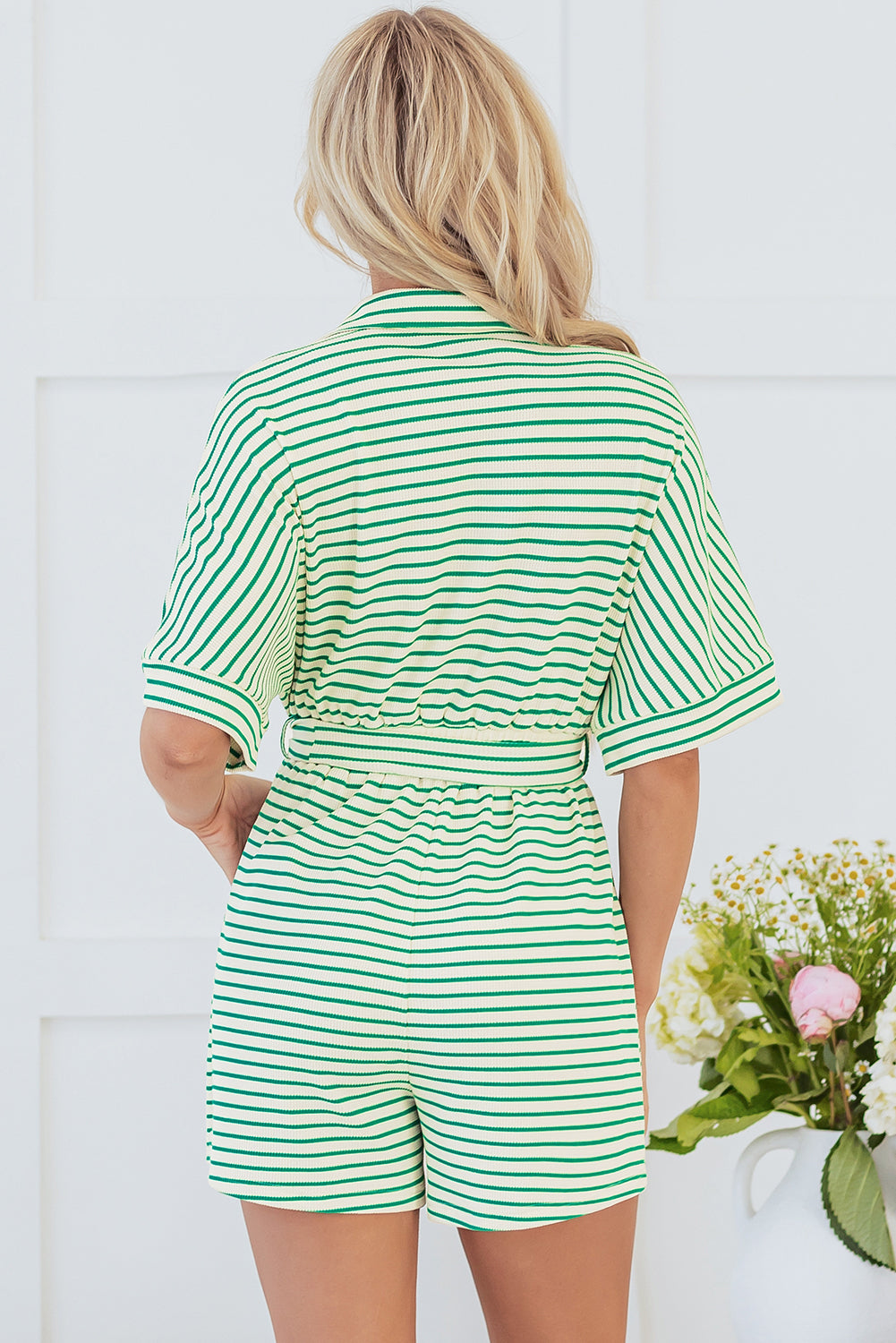 Textured Short Sleeve Tie Romper