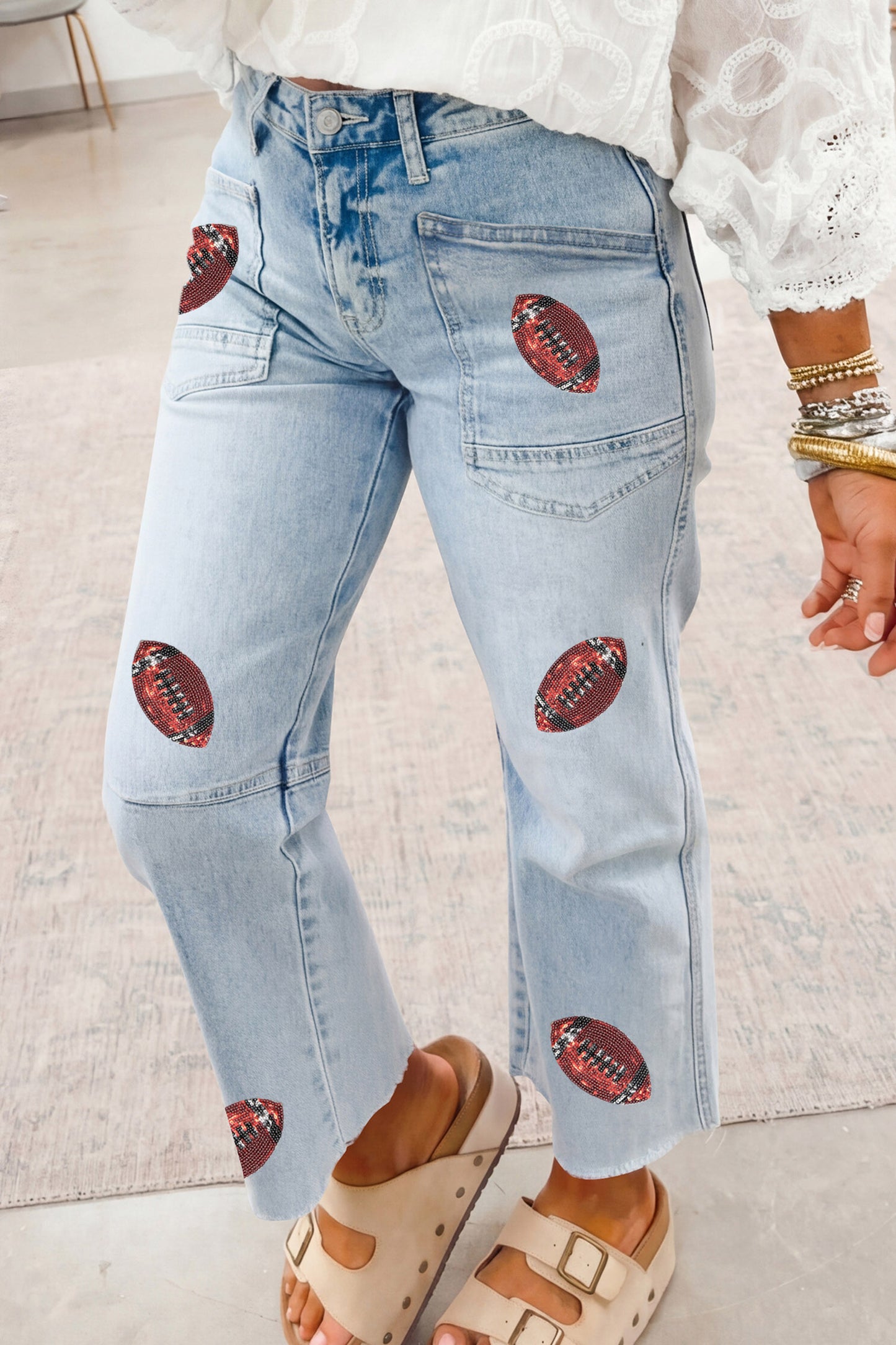 Sequin Football Pattern Raw Hem Jeans