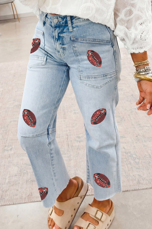 Sequin Football Pattern Raw Hem Jeans