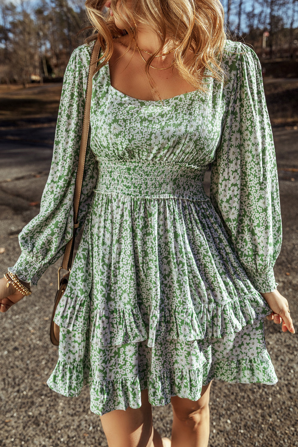 Floral Print Shirred Waist Ruffled Mini Dress