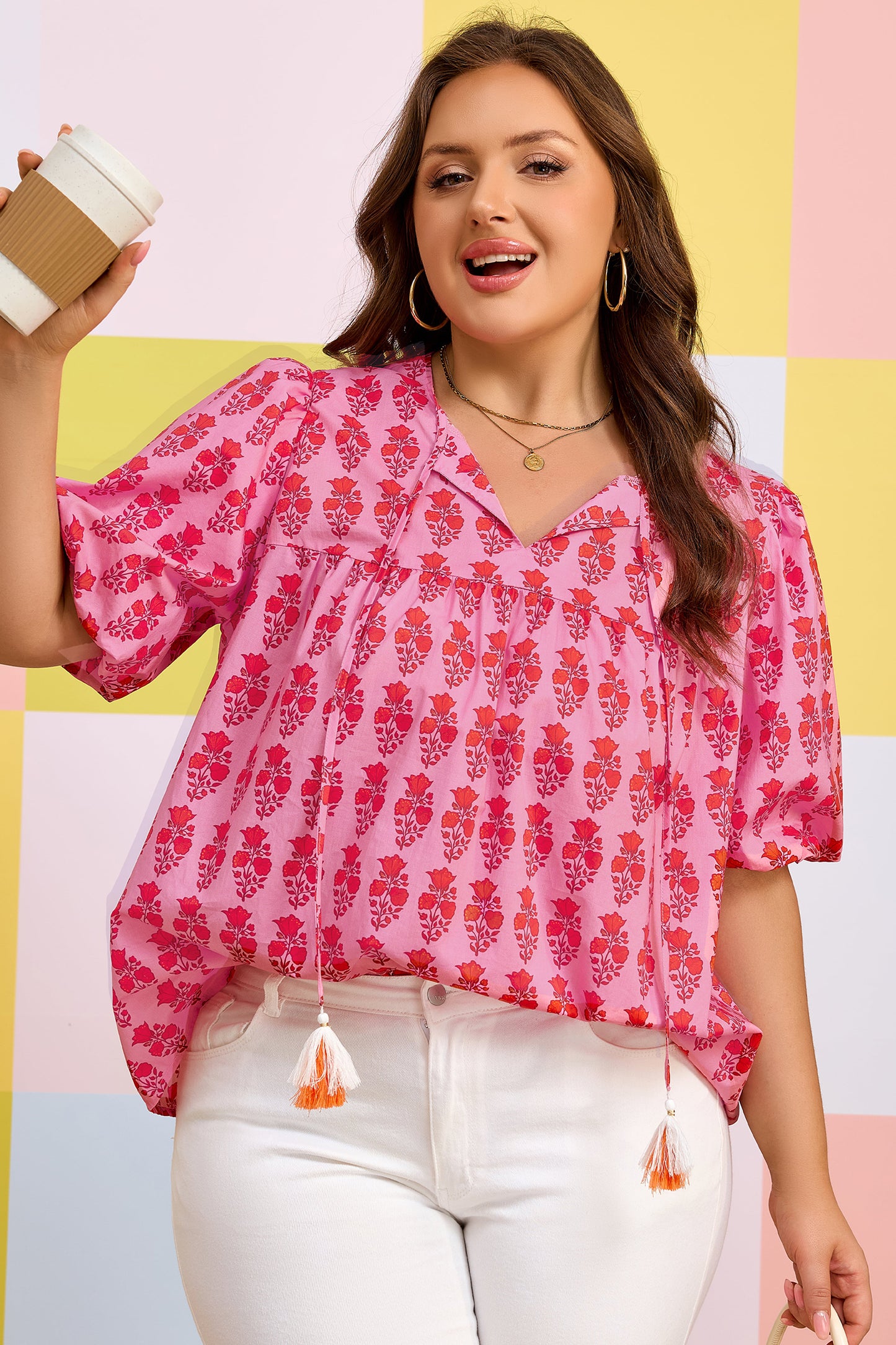 Floral Print Tassel Tie Puff Sleeve Blouse