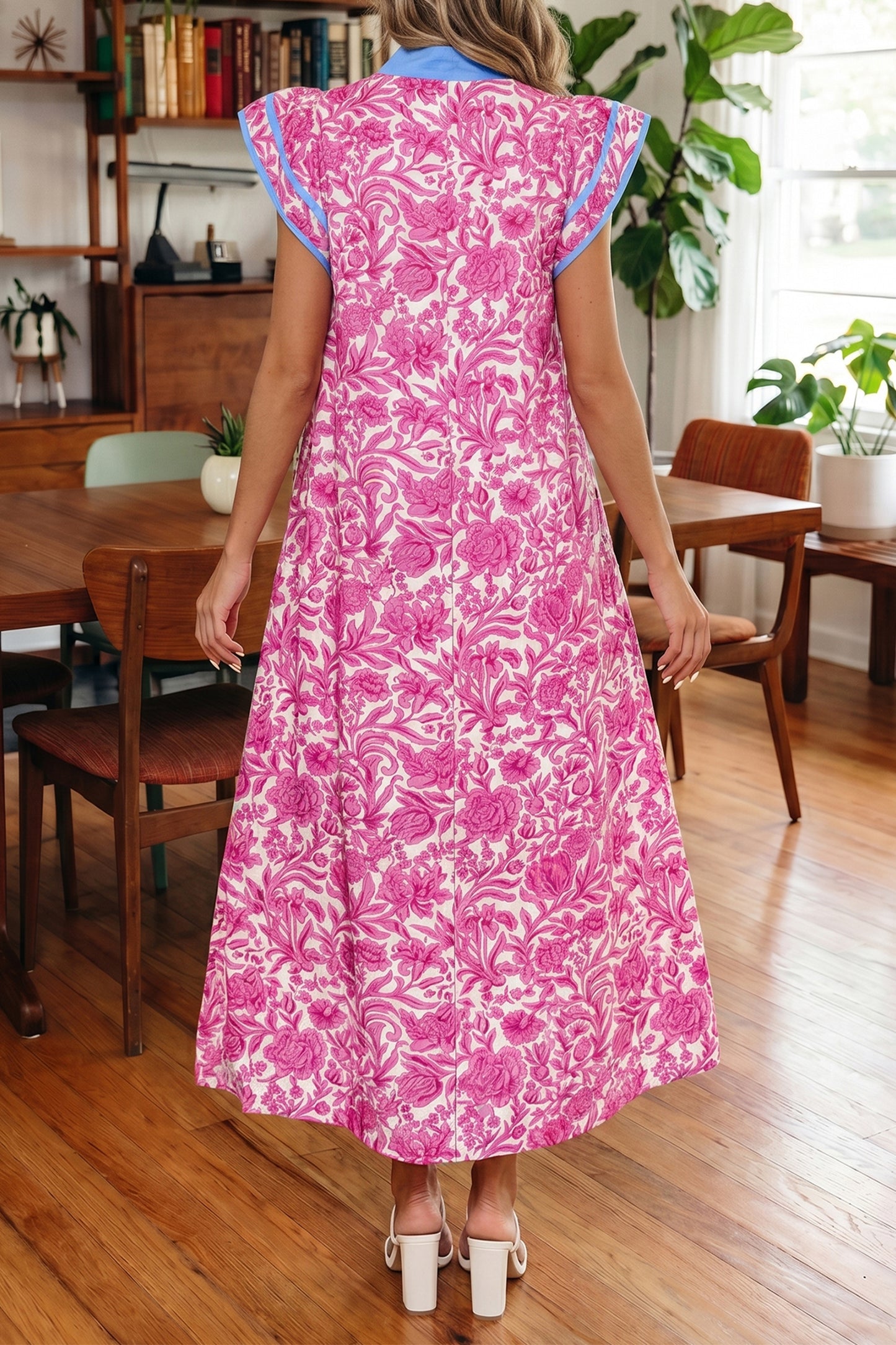 Patchwork V Neck Short Sleeve Midi Dress