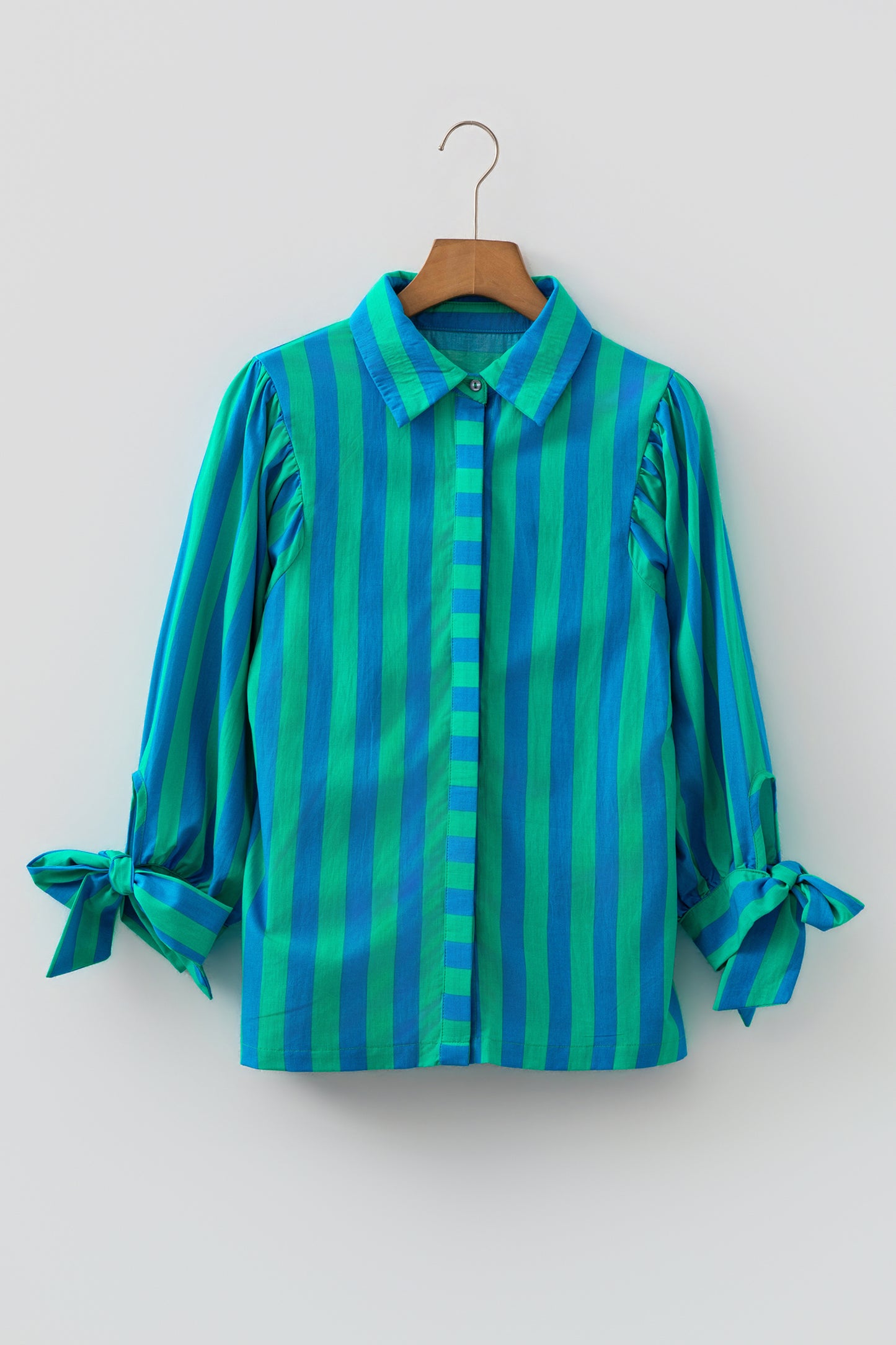 Red Stripe Tie Puff Sleeve Womens Button Down Shirt
