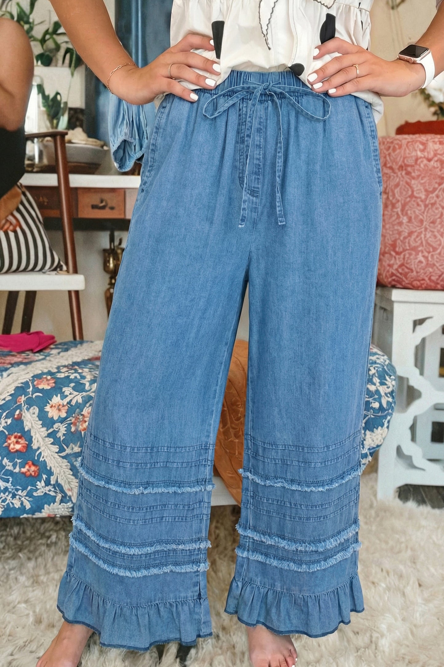 Ruffled Hem Wide Leg Chambray Pants