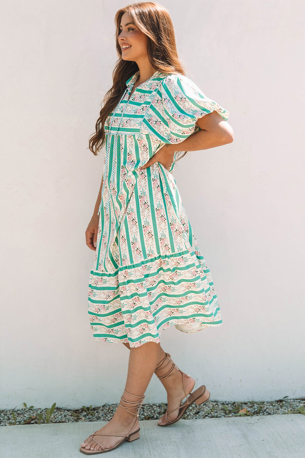 Multicolour Striped Floral Print Tie Split Neck Puff Sleeve Midi Dress
