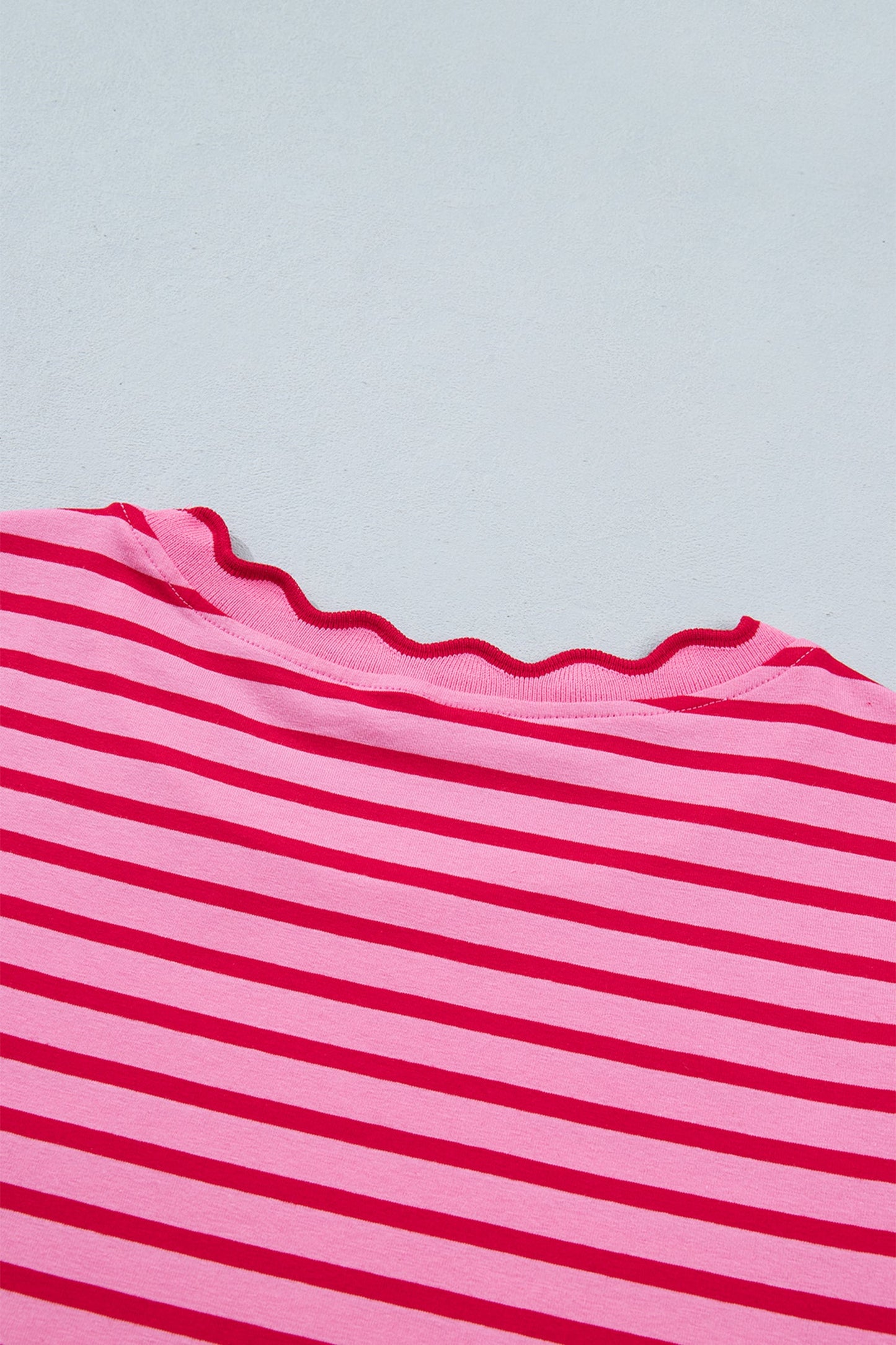 Pink Stripe Scalloped Trim Round Neck T Shirt
