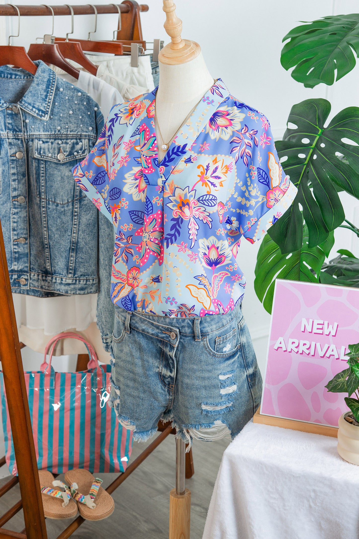 Floral Print V Neck Short Sleeve Blouse