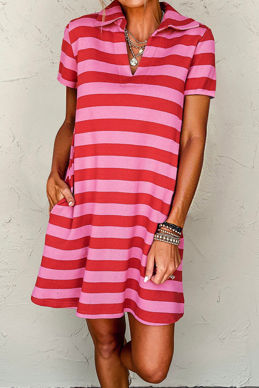 Textured Knit Collared V Neck Shift T Shirt Dress