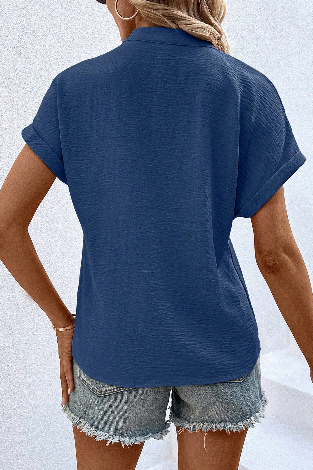 Notched Neck Batwing Sleeve Lightweight Blouse