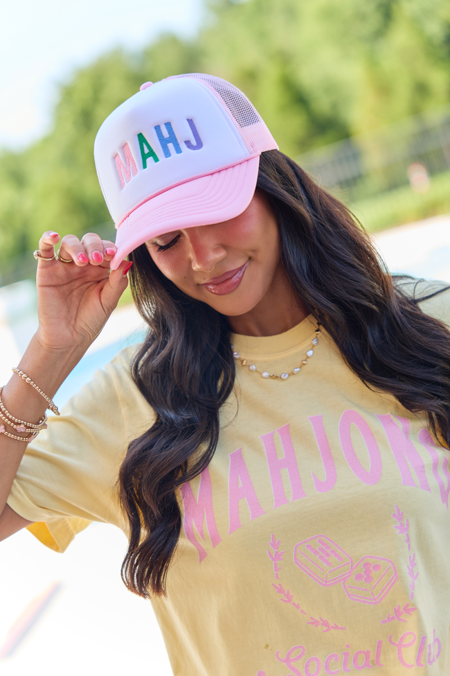 Mahj Block White/Pink Embroidered Trucker Hat