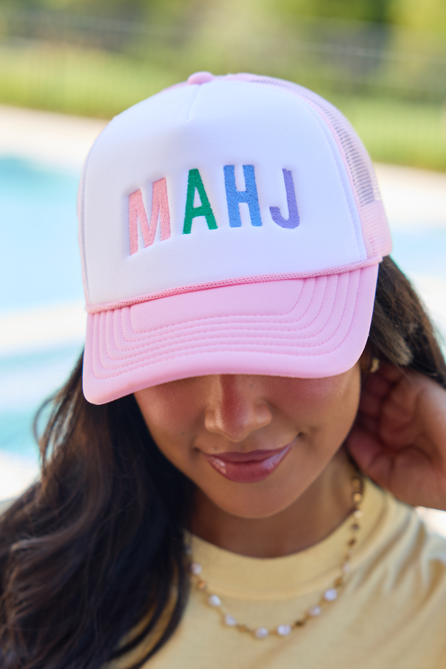 Mahj Block White/Pink Embroidered Trucker Hat