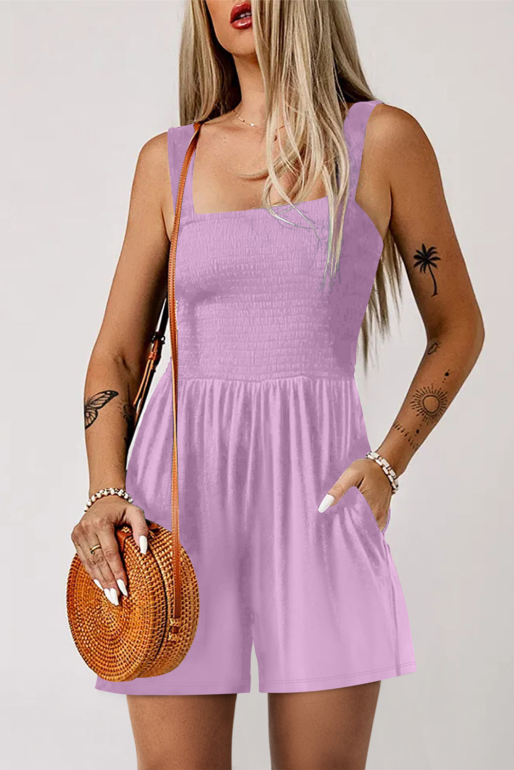 Pocketed Smocked Sleeveless Romper
