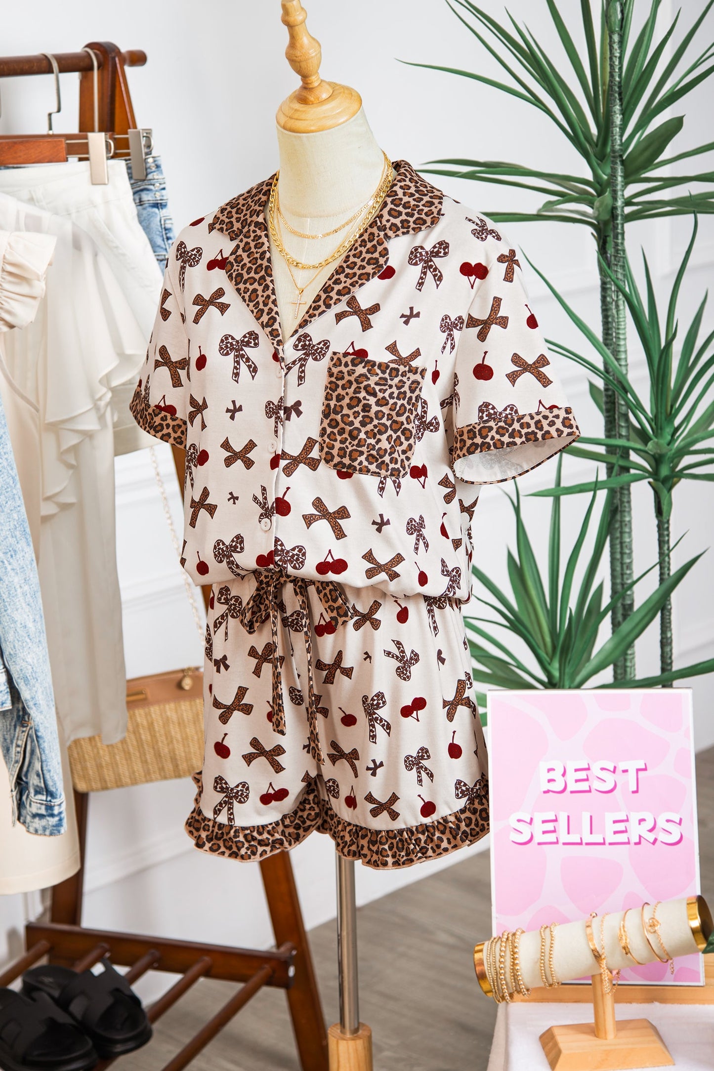 Cherry Printed Leopard Contrast  PJ Set