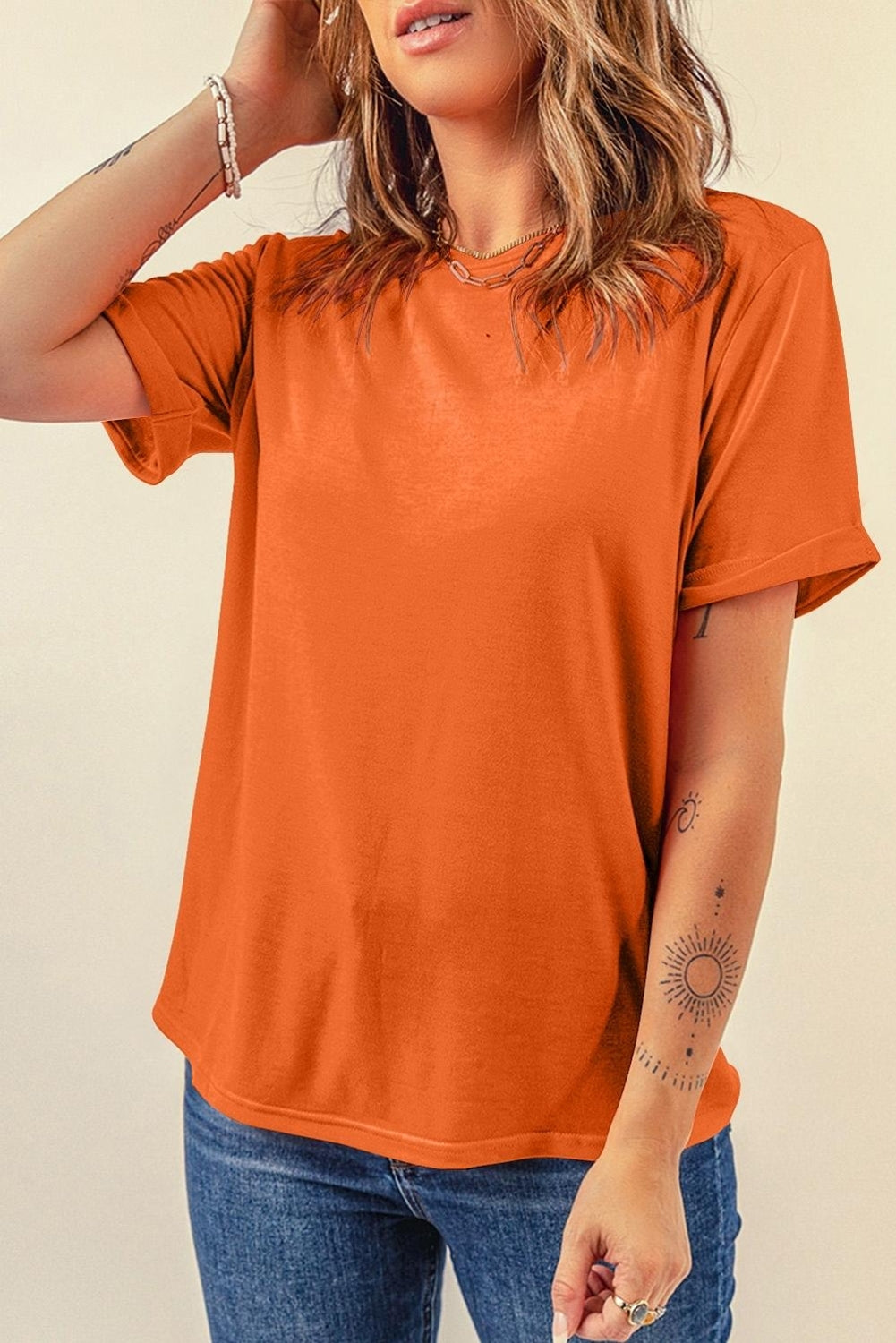 Dearlove Red Casual Plain Crew Neck Tee