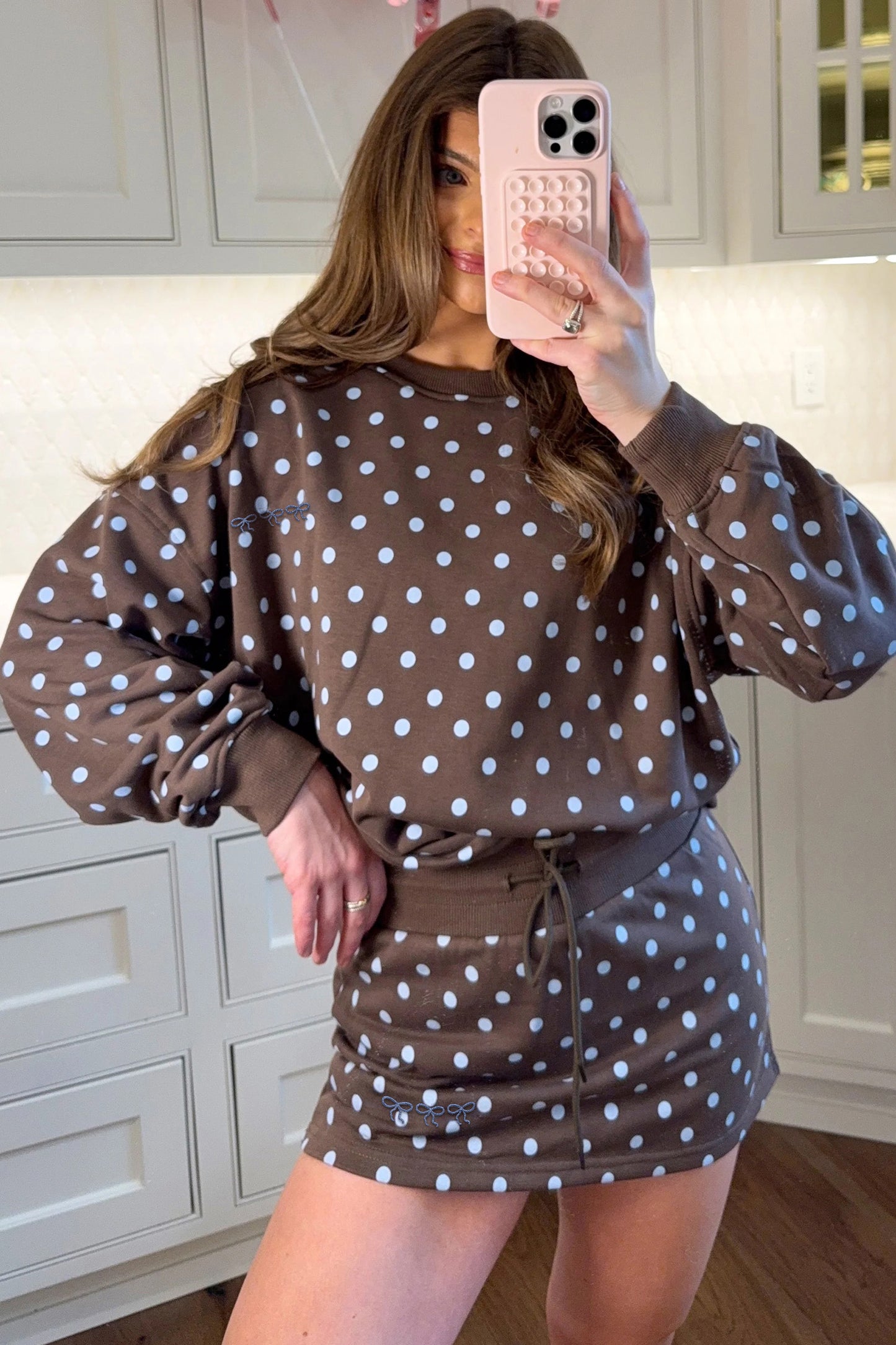Polka Dot Embroidered Bow Detail Skort Set