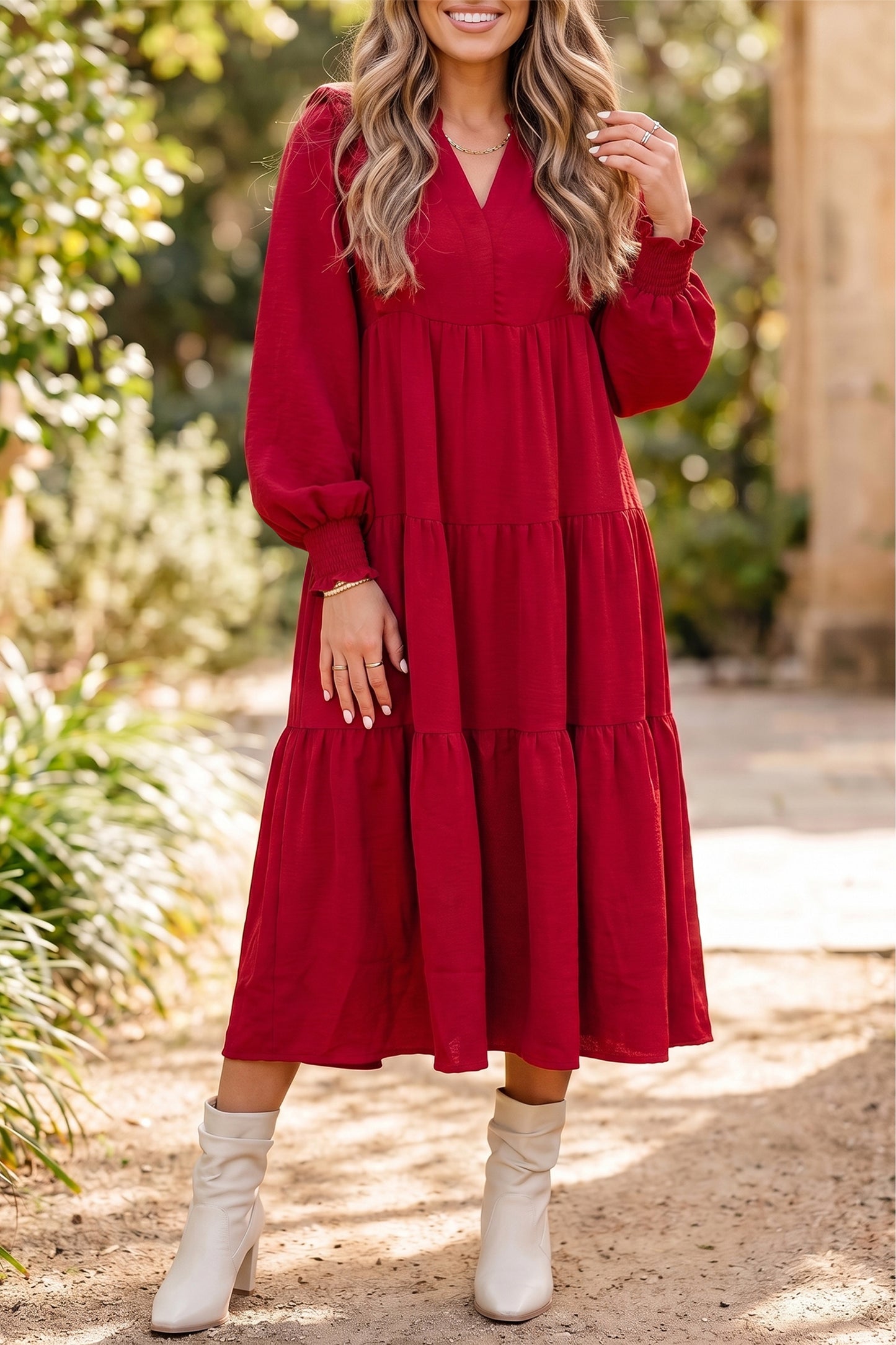 Ruffle Trim Long Sleeve Tiered Shift Midi Dress