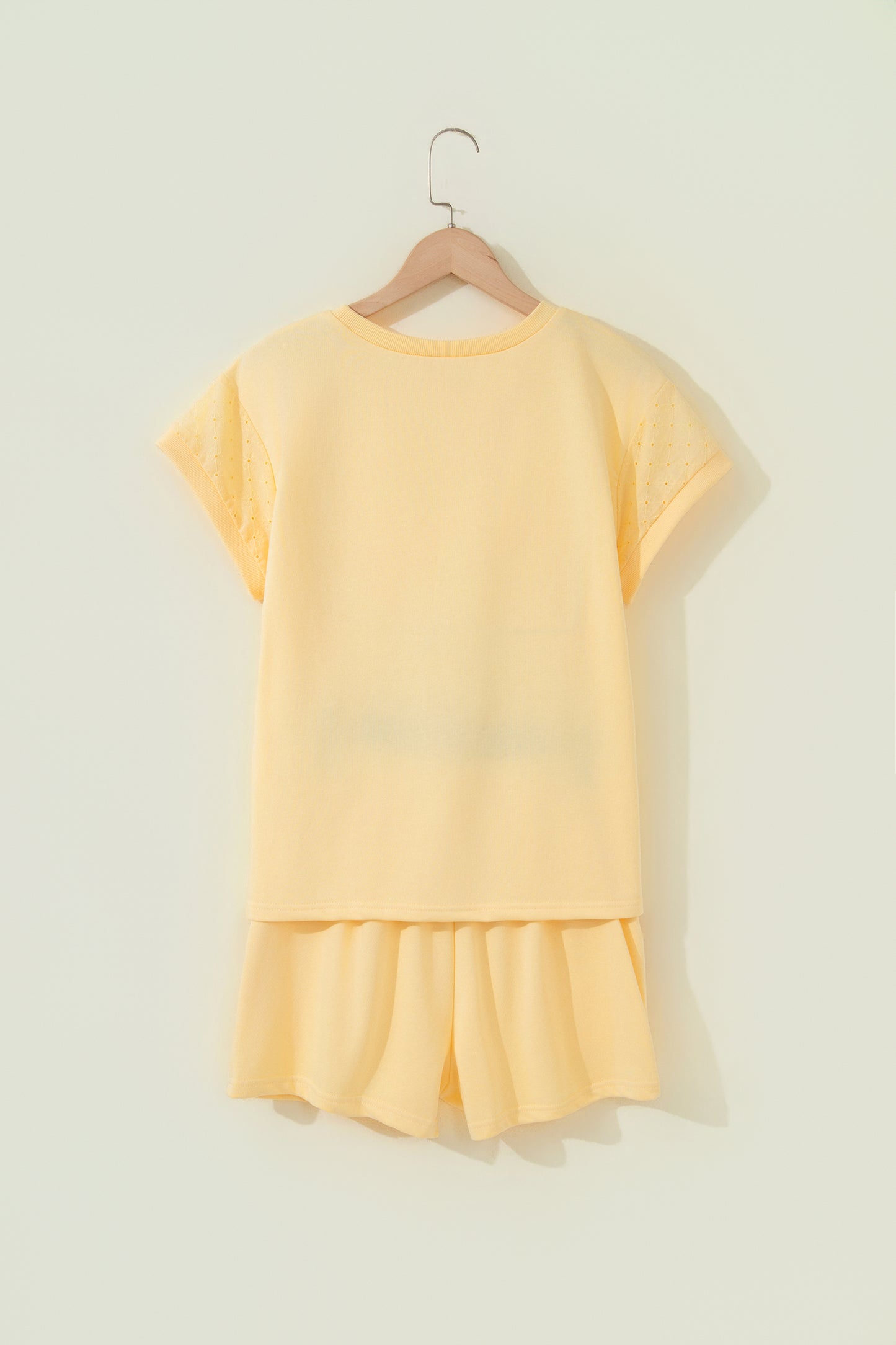 Yellow Eyelet Lace Patchwork Sleeve Short Set