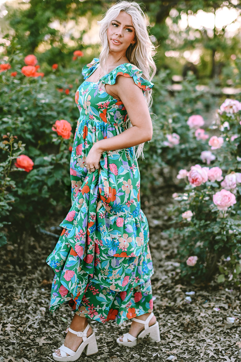 Floral Print Sleeveless Ruffle Tiered Maxi Dress
