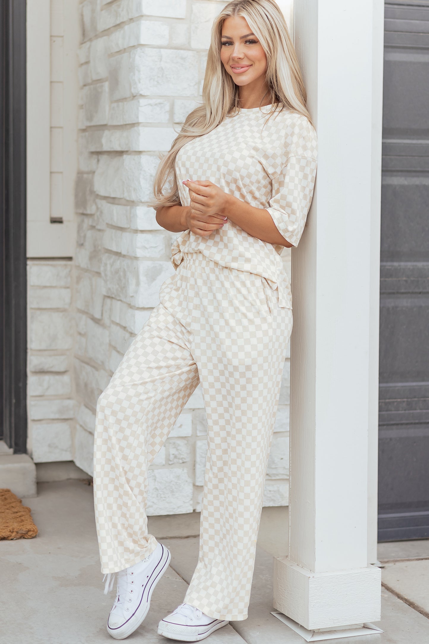 Checkered Print Half Sleeve Tee 2pcs Lounge Pant Set