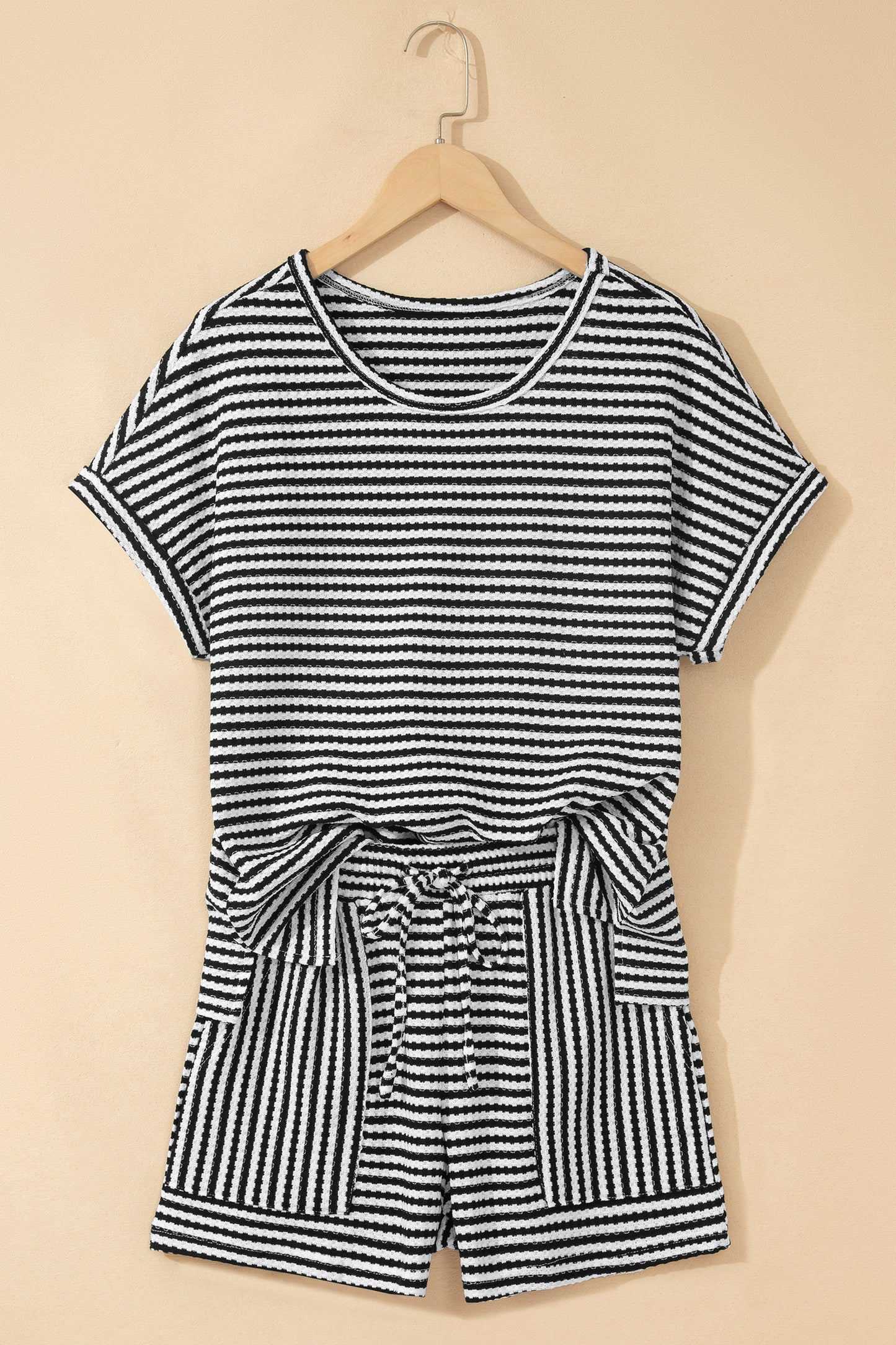 Pink Stripe Breathable Textured Knit Short 2pcs Set