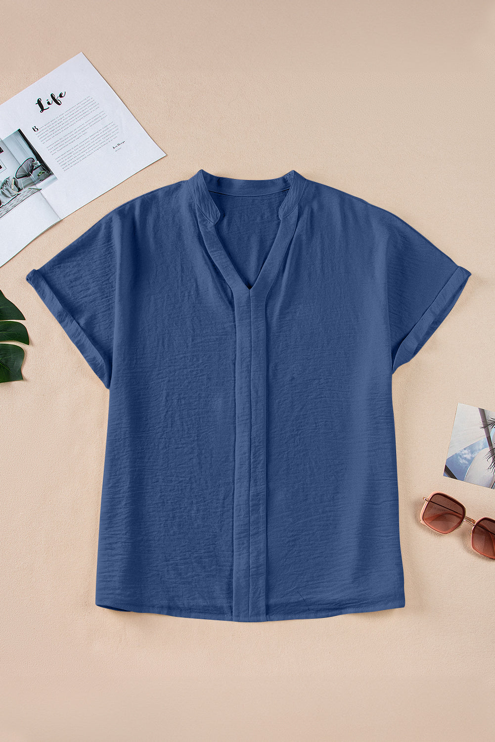 Notched Neck Batwing Sleeve Lightweight Blouse