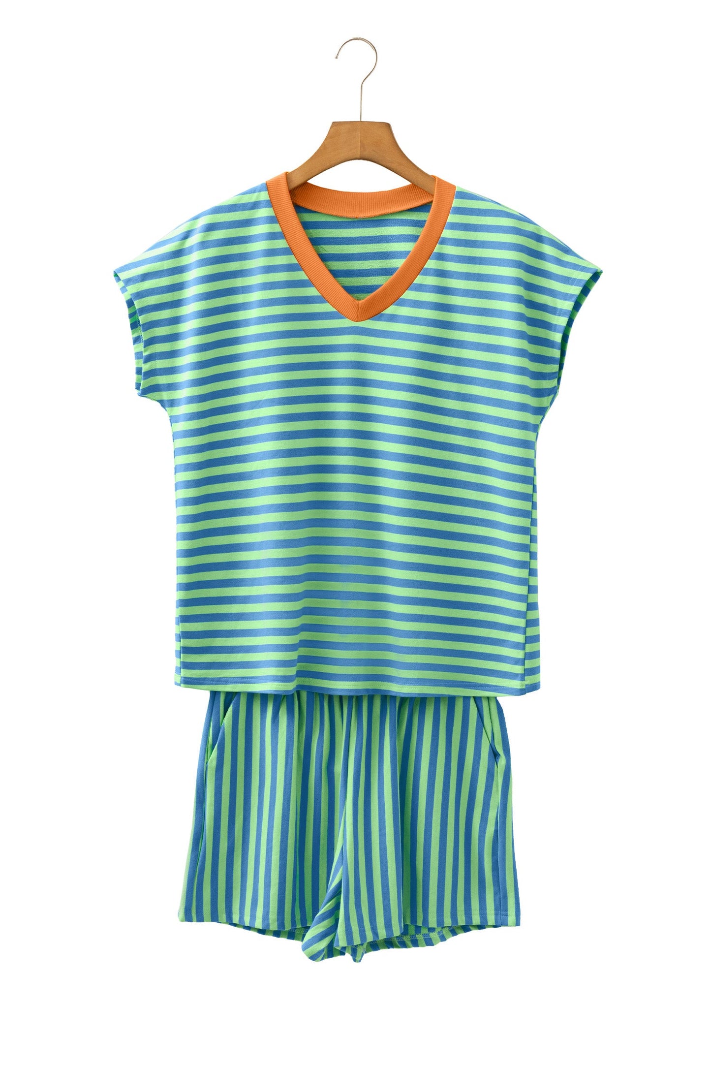 Green Stripe Colorblock Trim V Neck Tee Drawstring Elastic Waist Short Set