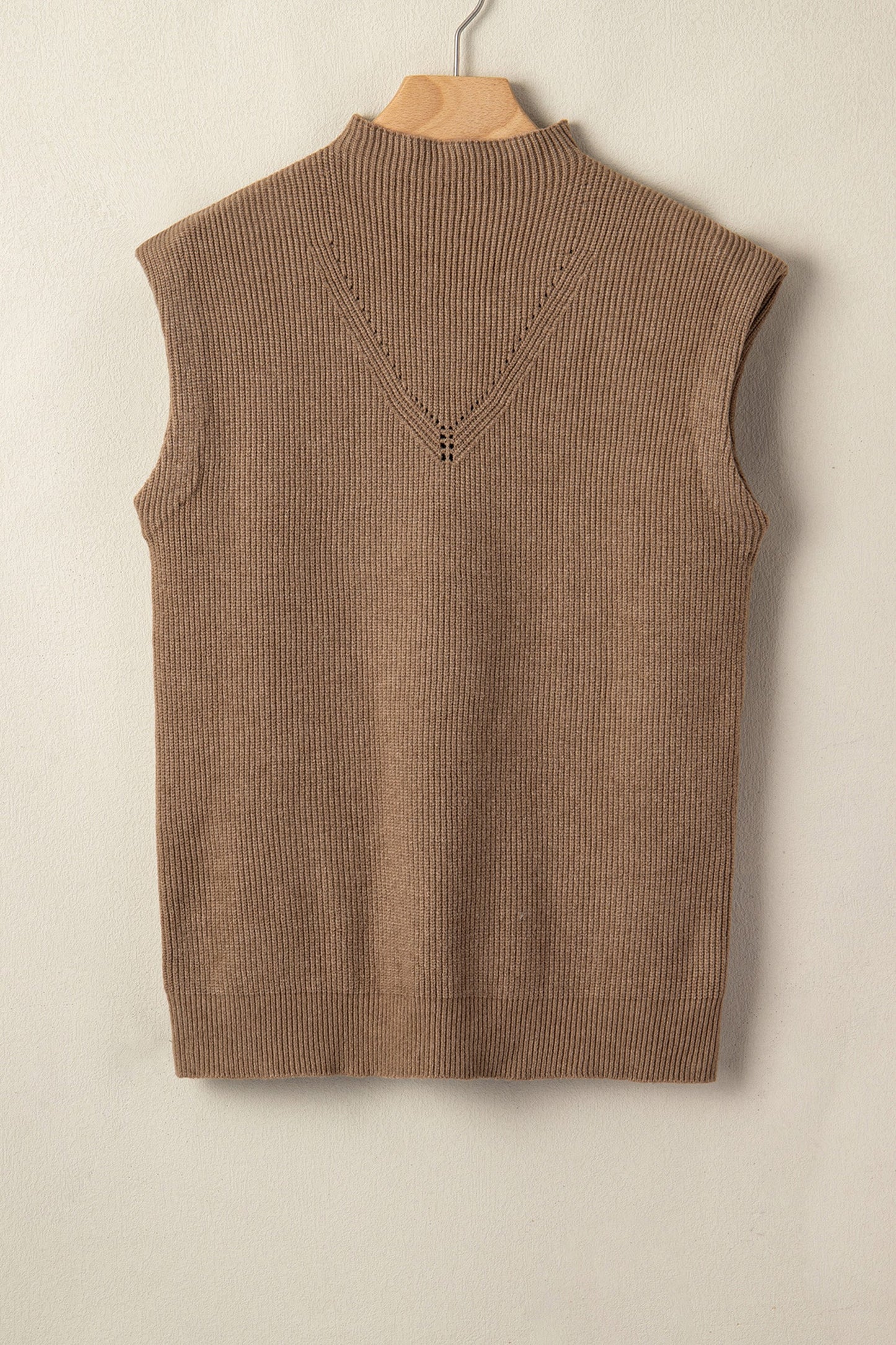 Beige Ribbed Knit Mock Neck Sweater