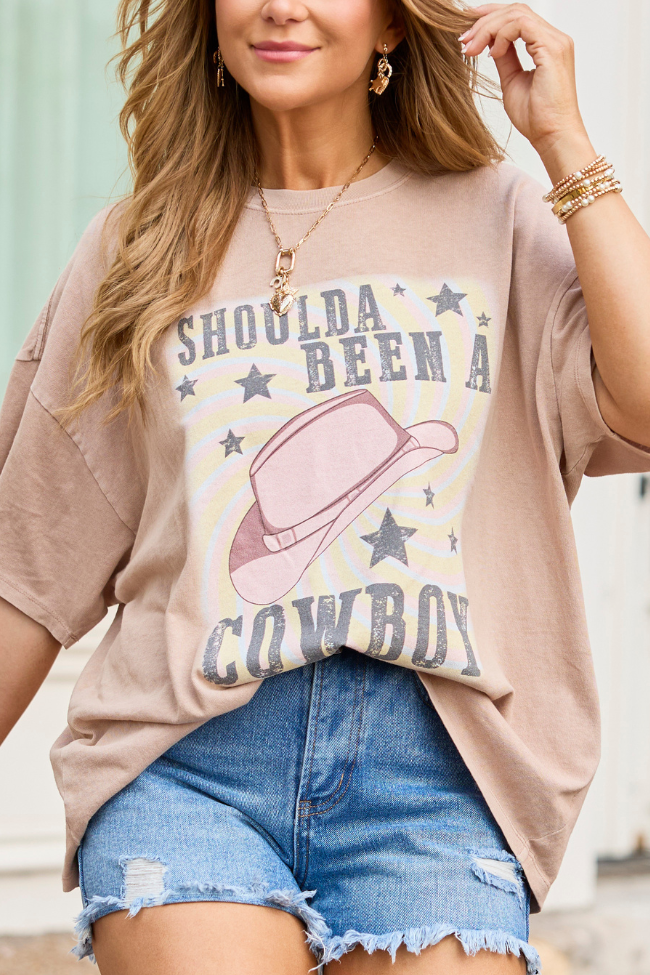 Shoulda Been A Cowboy Taupe Oversized Graphic Tee
