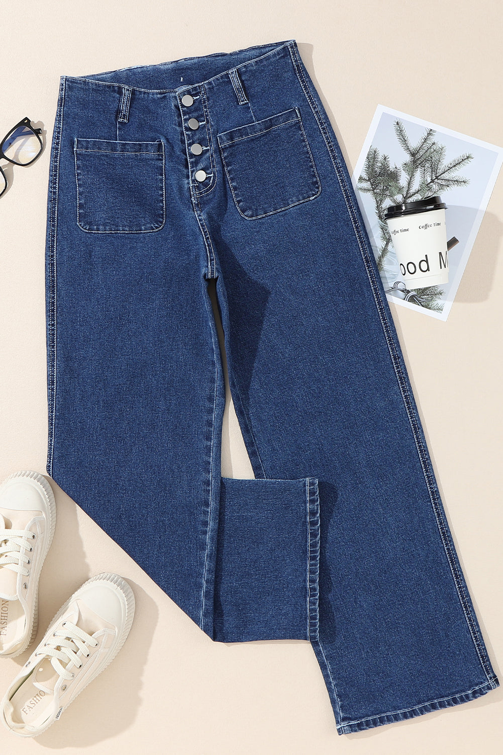 High Waist Button Front Wide Leg Cropped Jeans