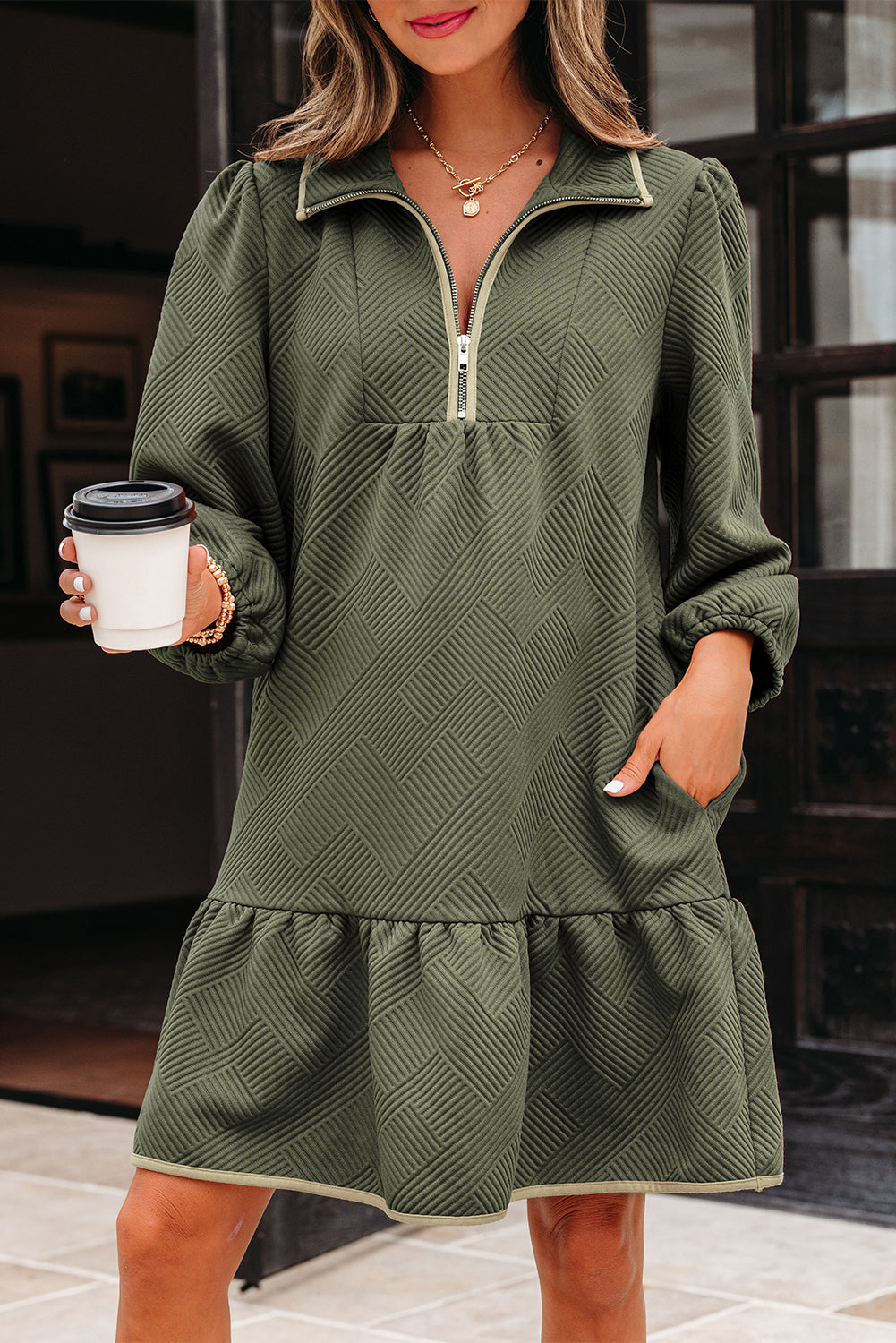 Quarter Zip Collar Bracelet Sleeve Textured Mini Dress