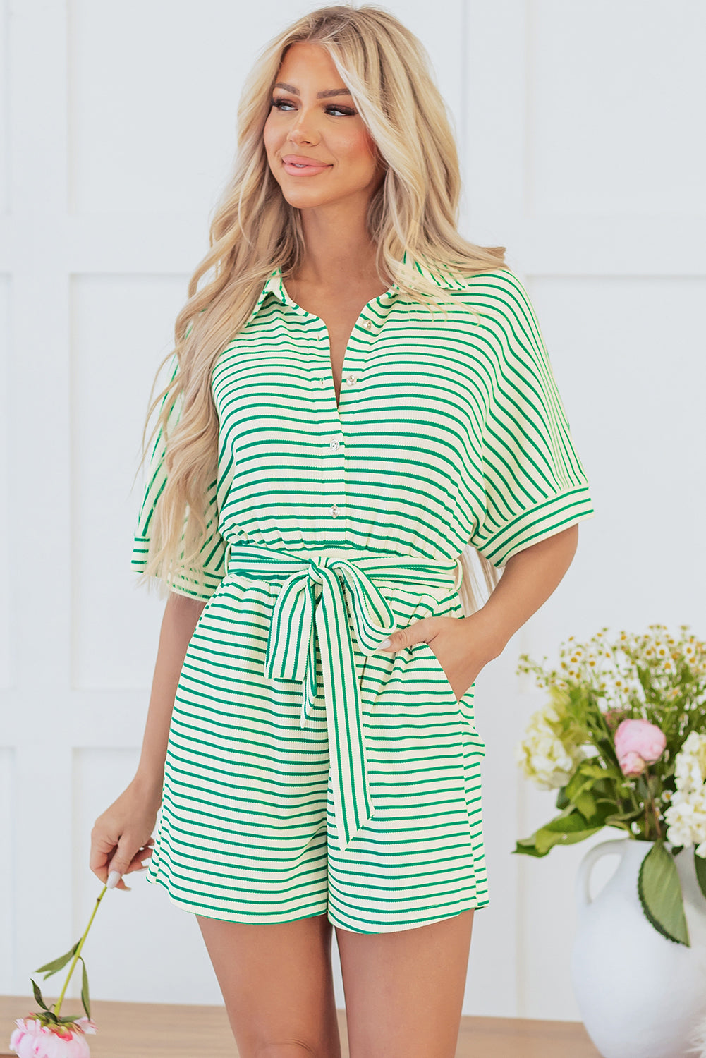 Textured Short Sleeve Tie Romper