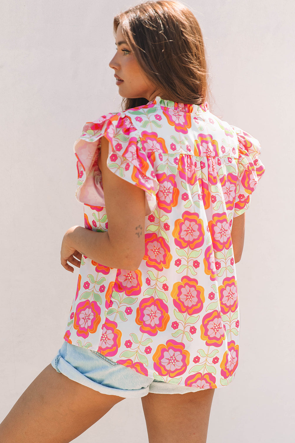 Floral Ruffled Sleeve Ric-rac Trim Split Neck Loose Blouse