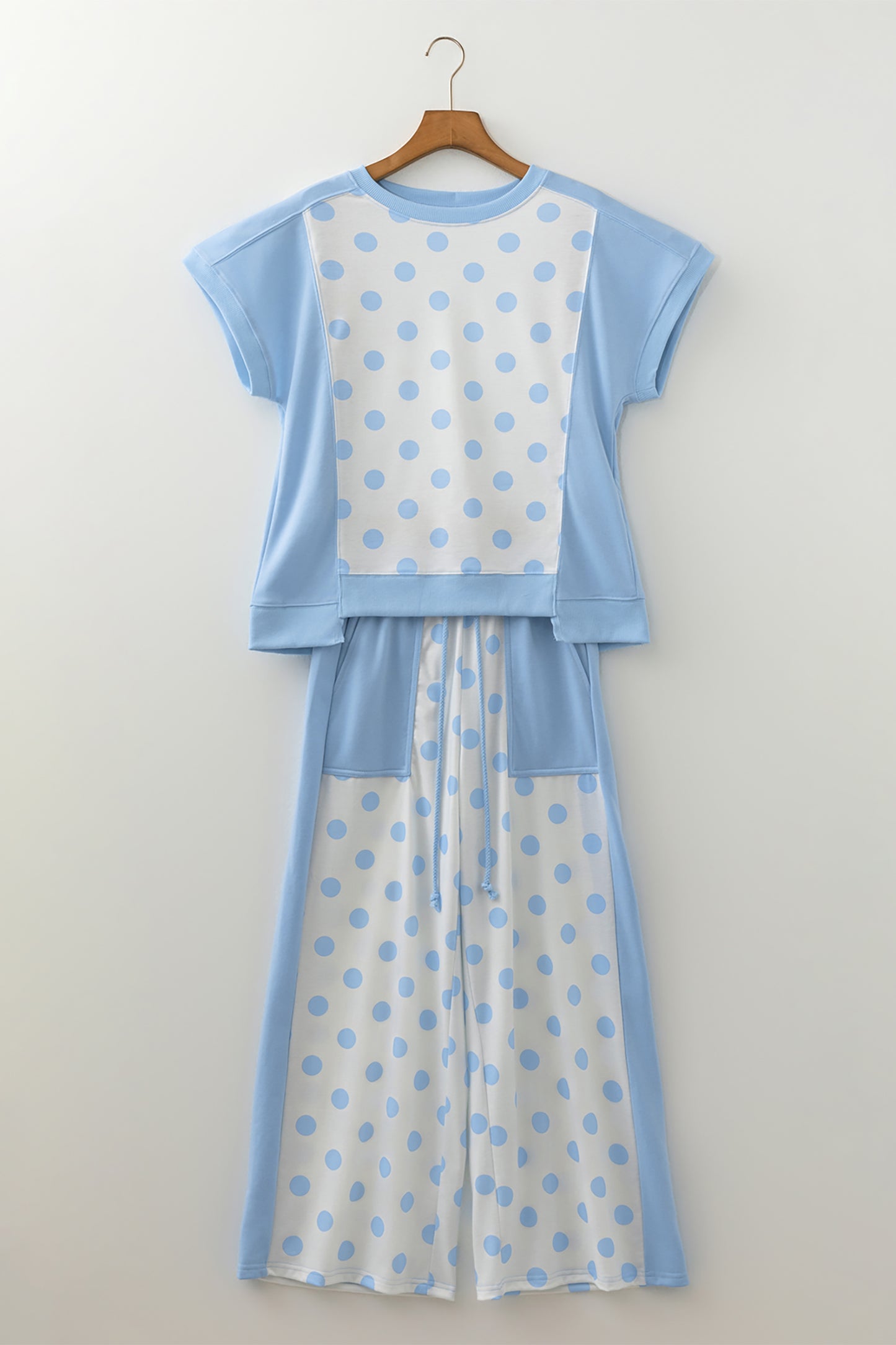 Color Block Patchwork Polka Dot Wide Leg Pant Set