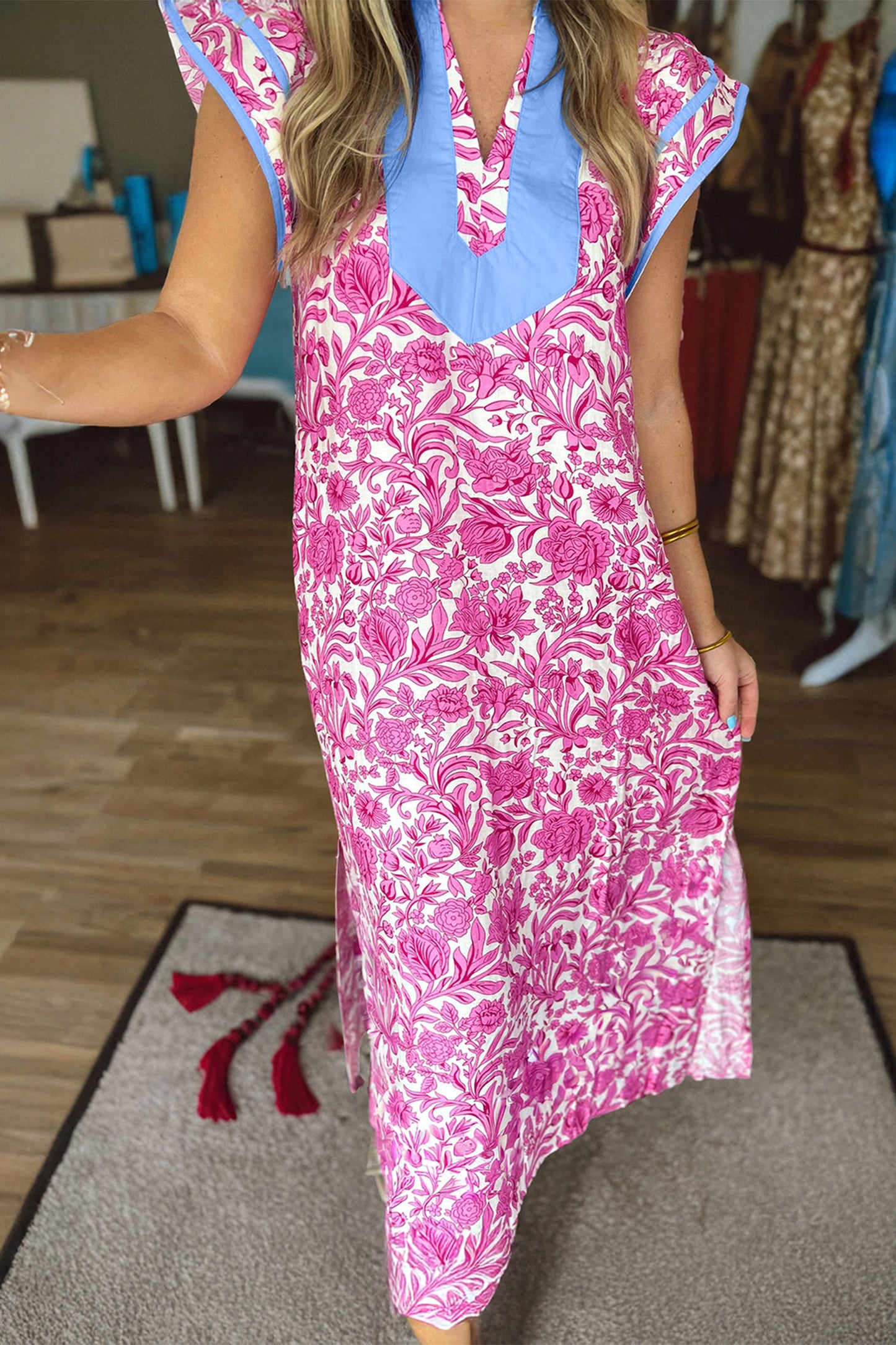 Patchwork V Neck Short Sleeve Midi Dress