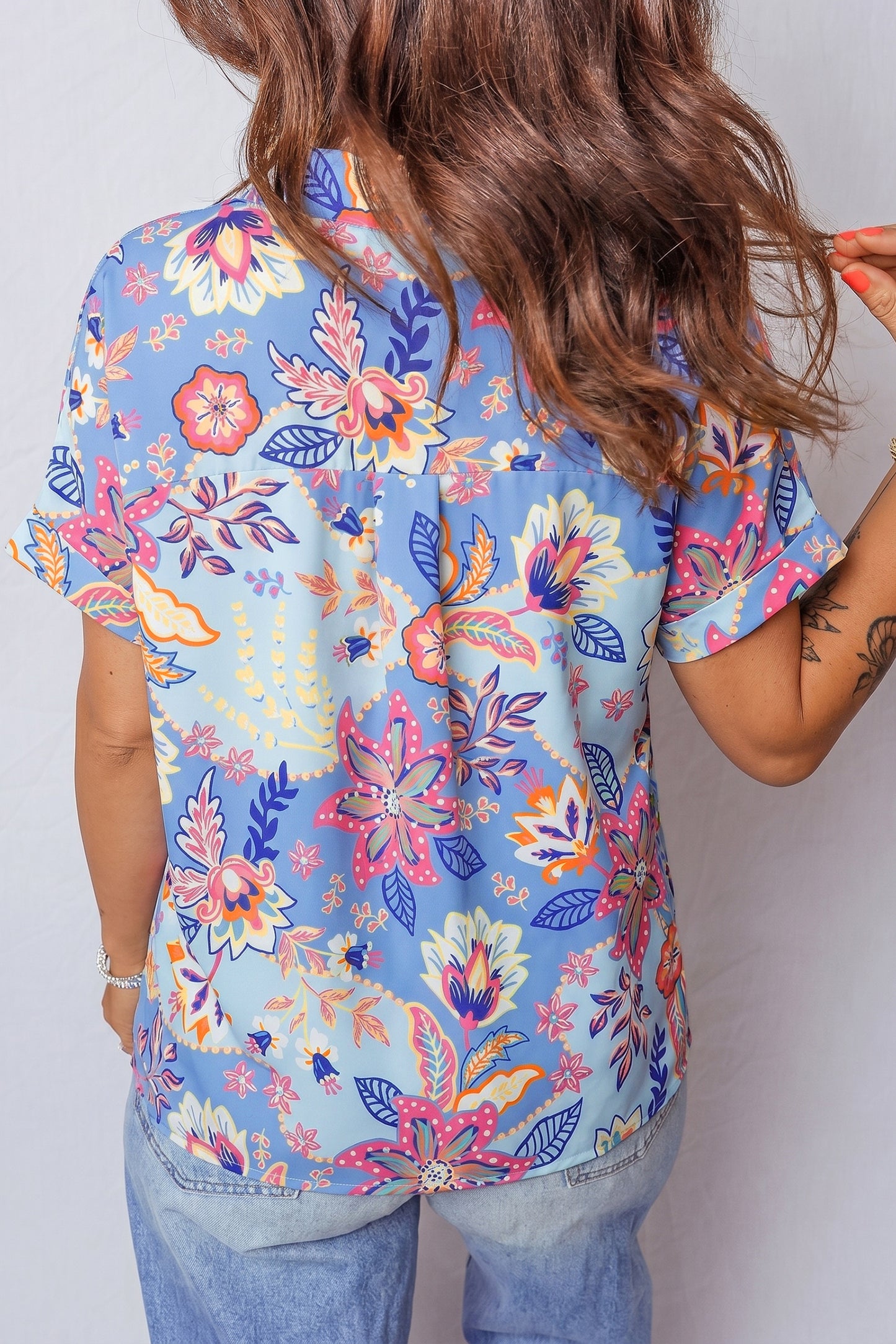 Floral Print V Neck Short Sleeve Blouse