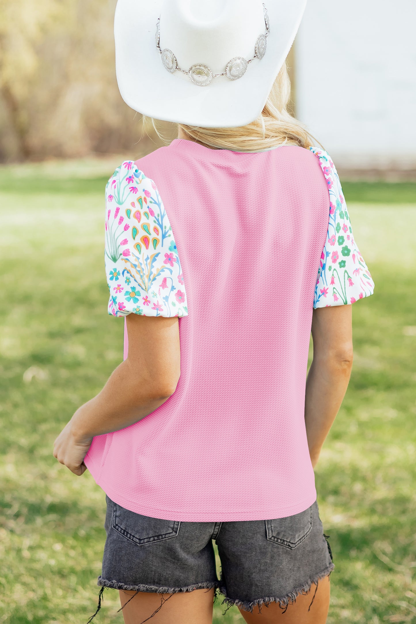Light Blue Round Neck Textured Contrast Floral Bubble Sleeve Blouse