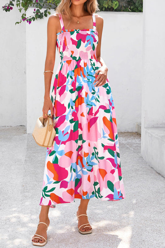 Pink Floral Print Adjustable Straps Smocked High Waist Sundress