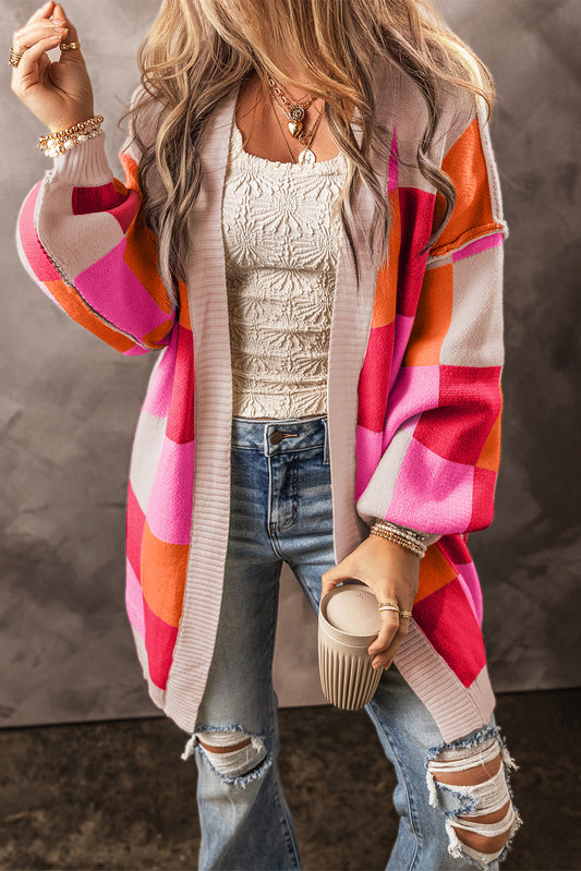 Checkered Drop Shoulder Exposed Seam Cardigan