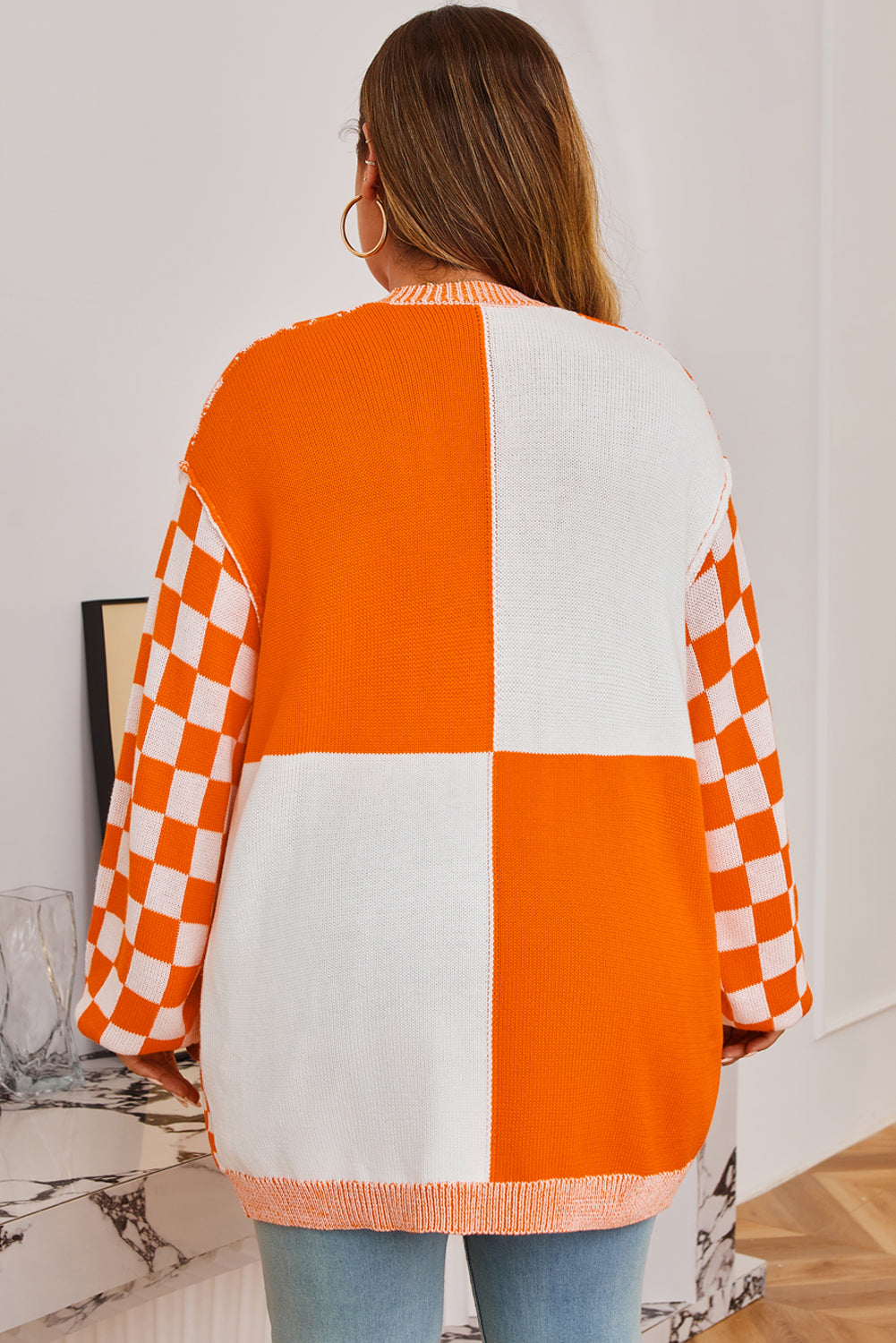Brown Plus Size Checkered Bubble Sleeve Drop Shoulder Open Cardigan