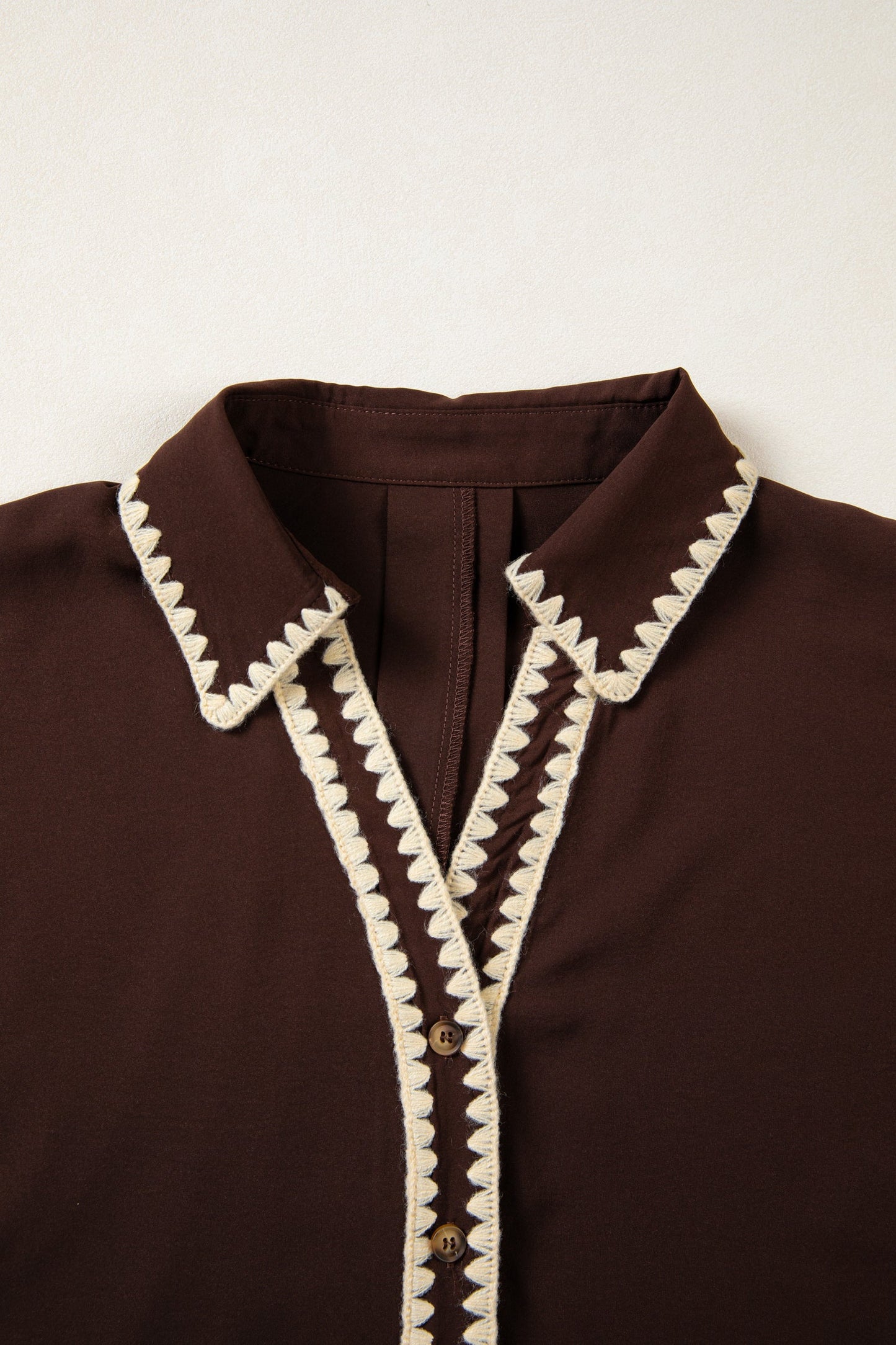 Coffee Shirt Collar Contrast Trim Button V Neck Short Sleeve Blouse