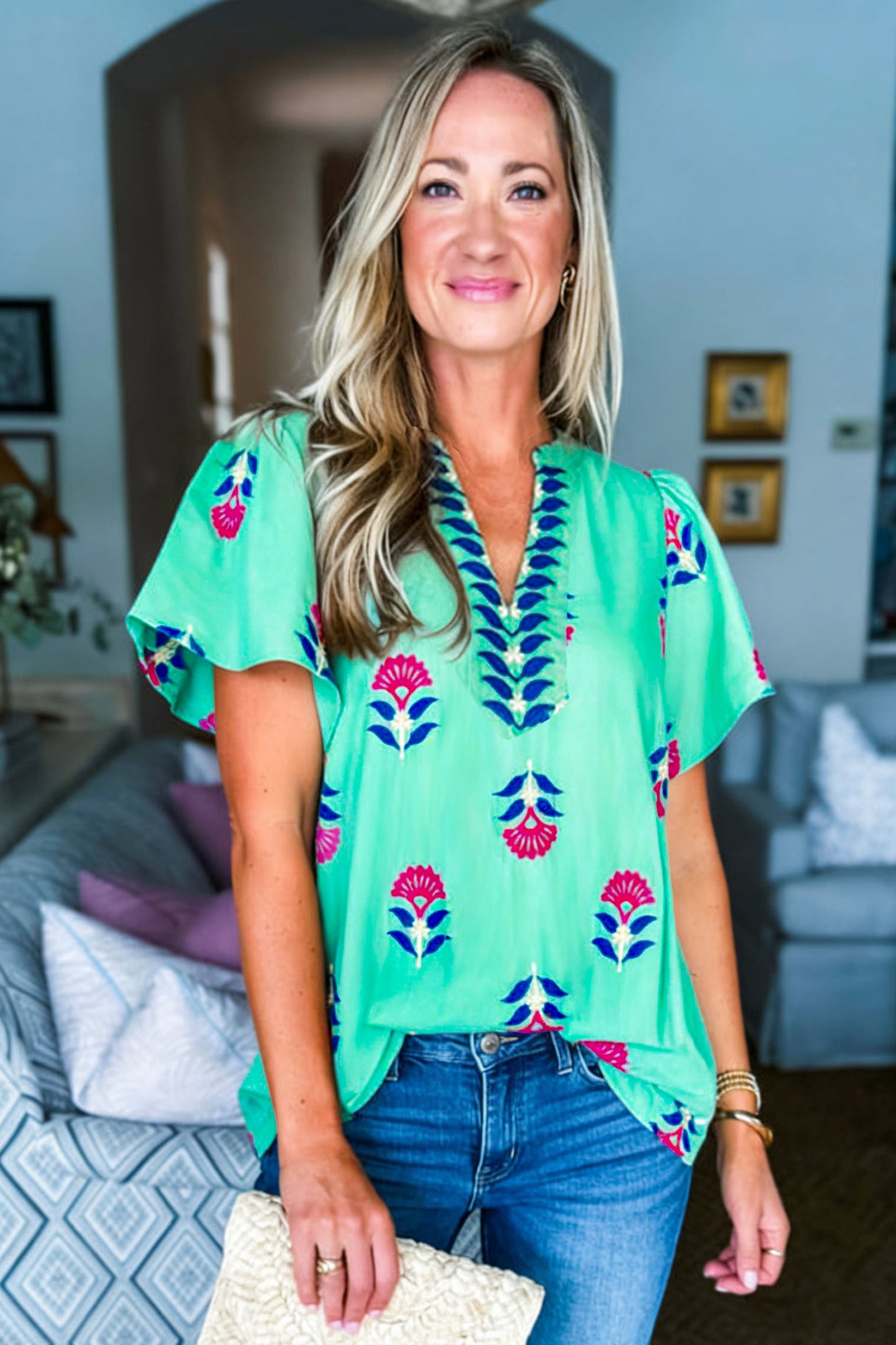 Floral V Neck Flutter Sleeve Blouse