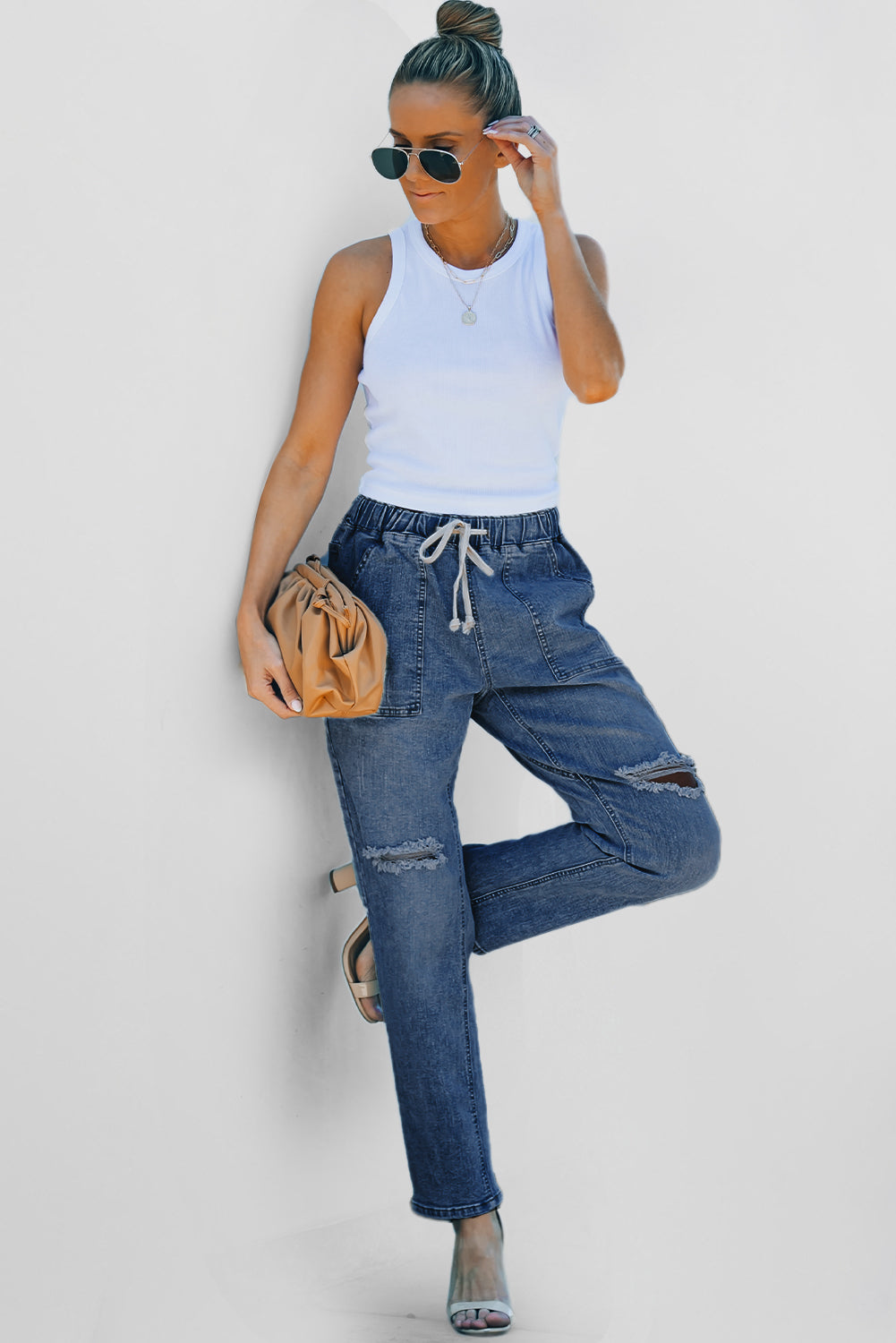 Distressed Pocketed Denim Jogger