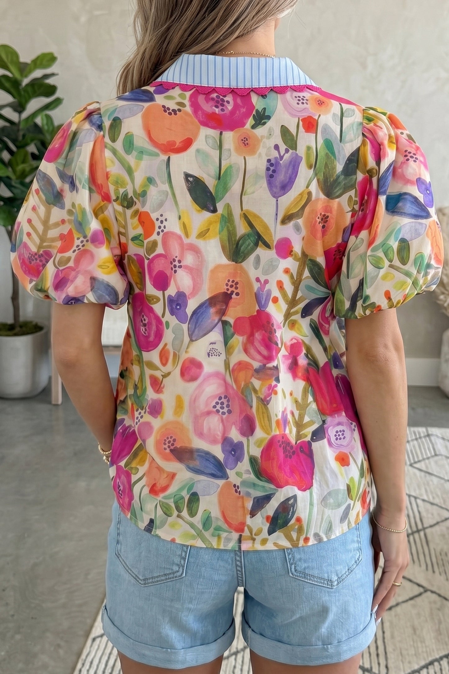 Floral Print V Neck Short Puff Sleeve Cotton Blouse