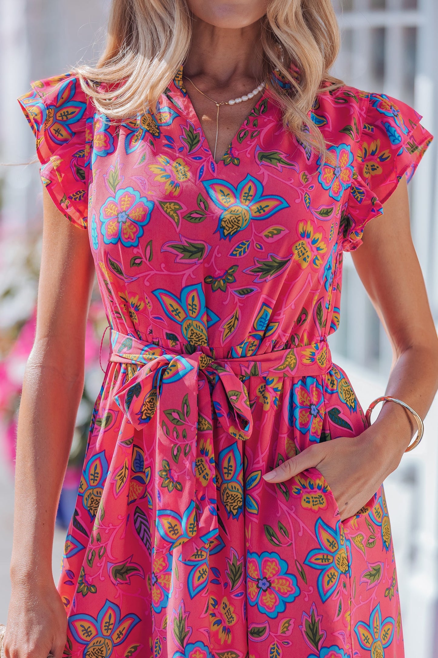 Rose Flutter Sleeve Belted Floral Dress